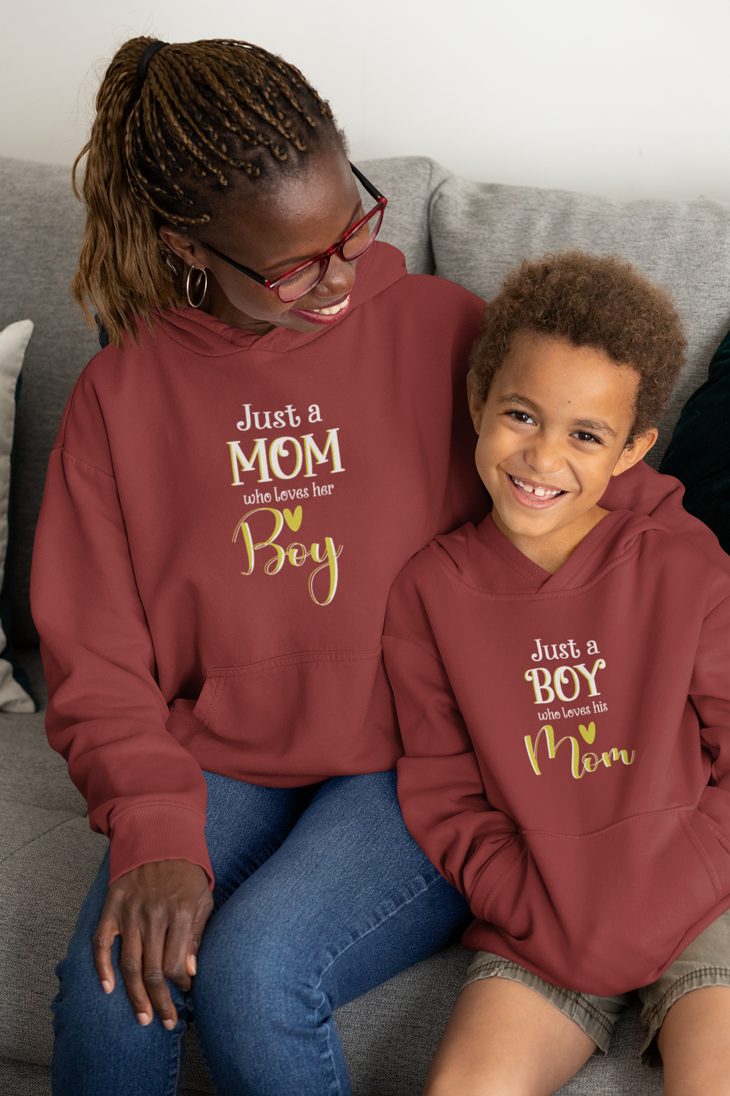 Just A Boy Who Loves His Mom Mother And Son Red Matching Hoodies- FunkyTeesClub