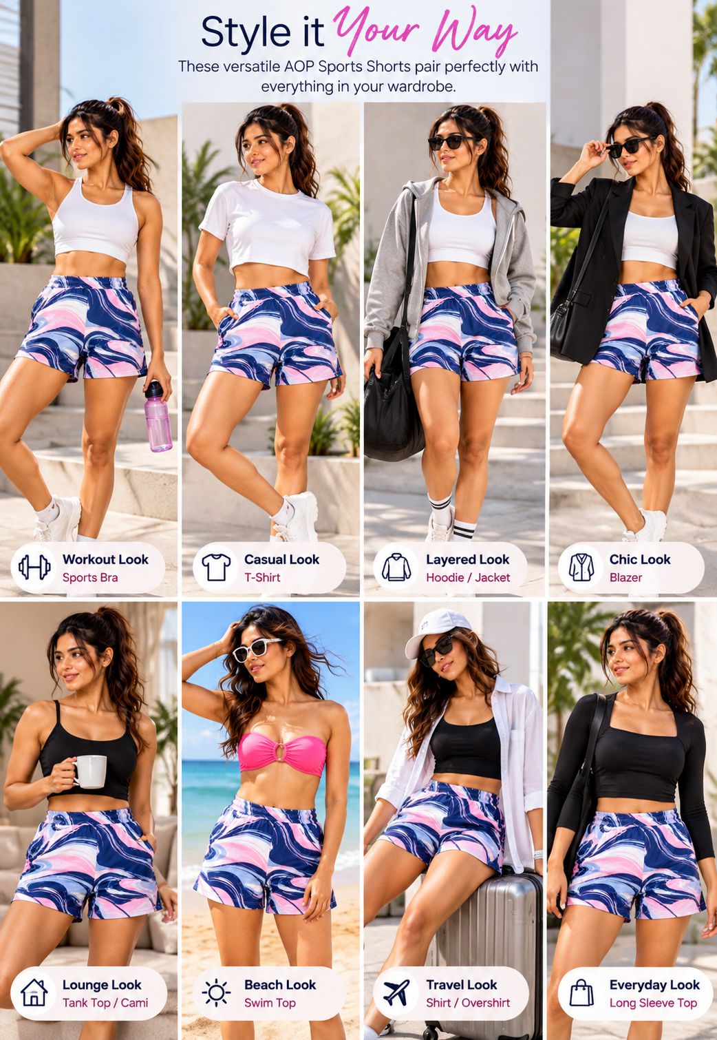 A 3x3 collage showing a woman modeling the same sports shorts in nine different outfits and settings. The shorts have a blue, pink, and white abstract swirl pattern.