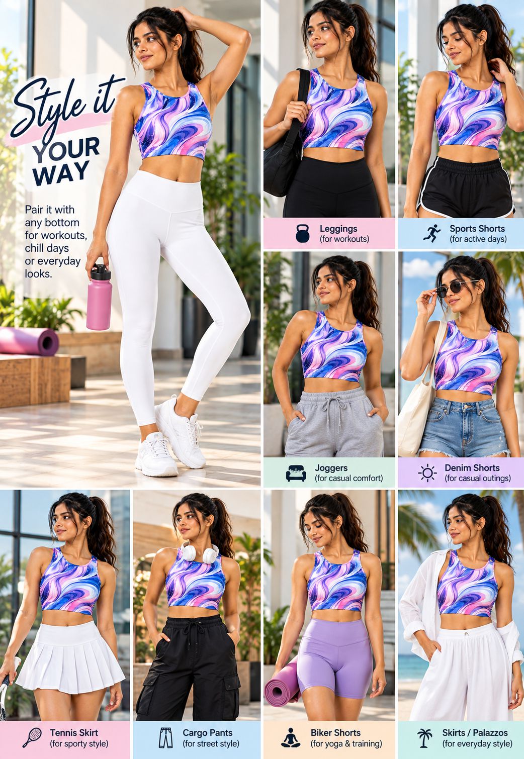 A 3x3 grid collage showing a woman modeling the same athletic sports bra in different outfits and activities, with text labels suggesting use with leggings, sports shorts, joggers, denim shorts, tennis skirts, cargo pants, bike shorts, and skis. The sports bra has a swirling abstract pattern in pink, purple, blue, and white.