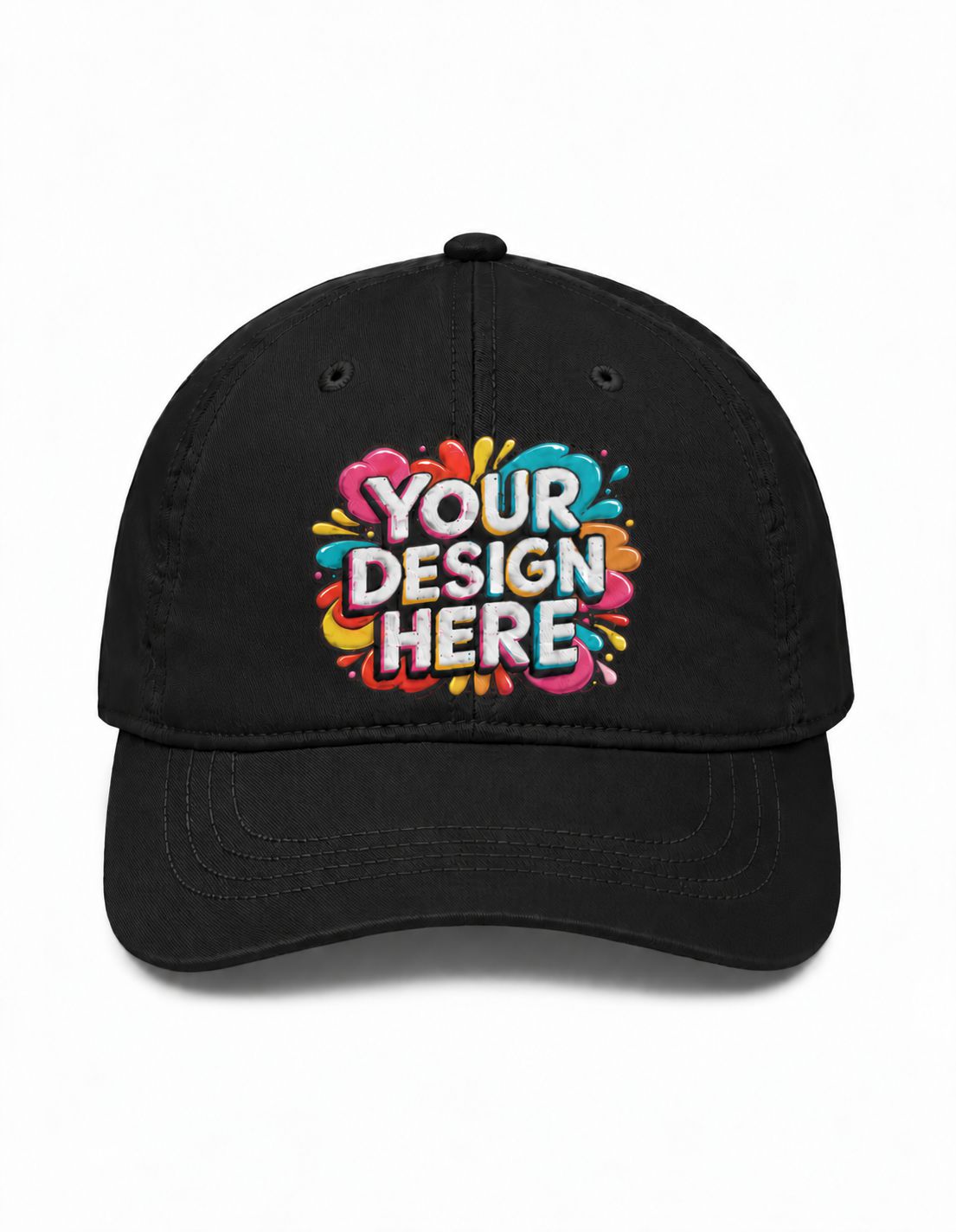 A black baseball cap with a colorful 'YOUR DESIGN HERE' mockup graphic on the front, set against a plain white background.