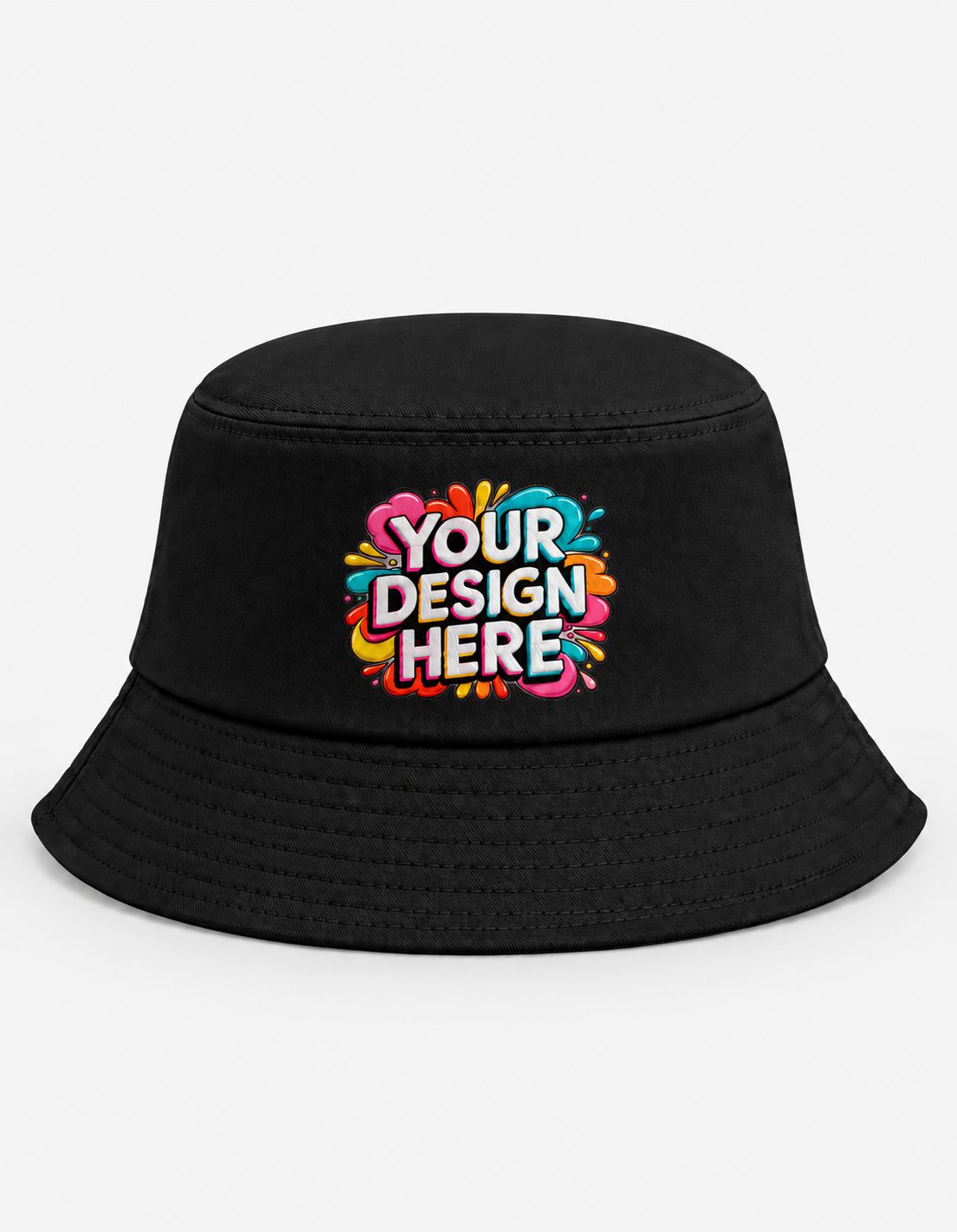 A black bucket hat with a colorful 'YOUR DESIGN HERE' mockup graphic on the front, set against a plain white background.