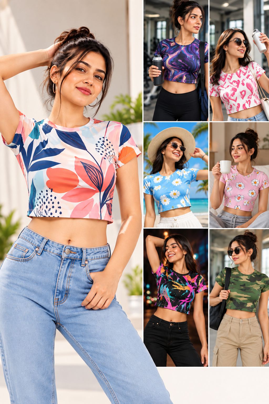 A collage of women modeling short-sleeve crop top t-shirts with colorful floral and abstract prints, paired with jeans and shorts in various outdoor and indoor settings.