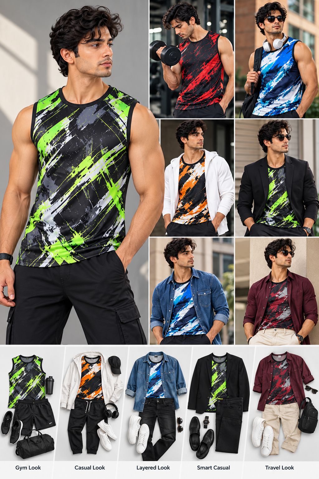 A collage showing a man modeling sleeveless athletic tank tops in multiple colorways, with additional flat-lay outfit combinations at the bottom. The featured top has a bold abstract brushstroke pattern in black, gray, and neon green.
