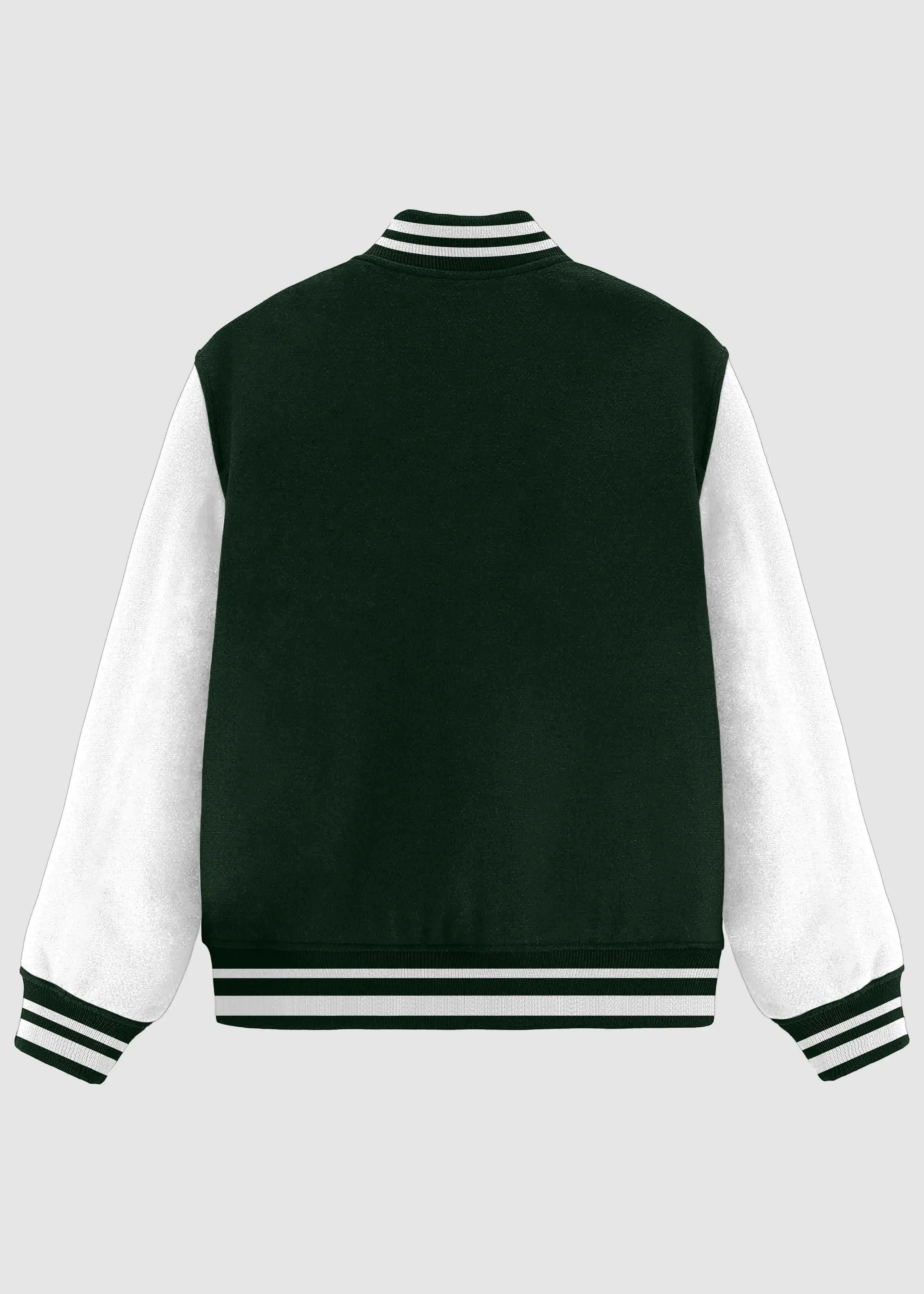 A dark green and white varsity jacket shown from the back, featuring a solid green back panel, white sleeves, and striped ribbed collar, cuffs, and hem.