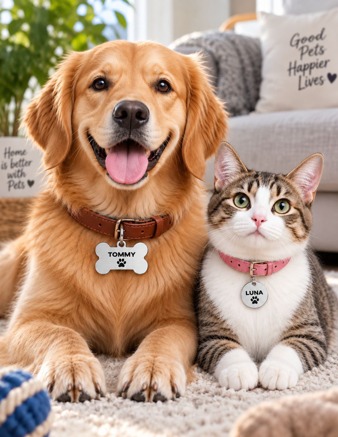 A golden retriever and a tabby cat sit together on a beige carpet in a living room. The dog wears a brown collar with a silver bone-shaped tag reading TOMMY, and the cat wears a pink collar with a silver tag reading LUNA.