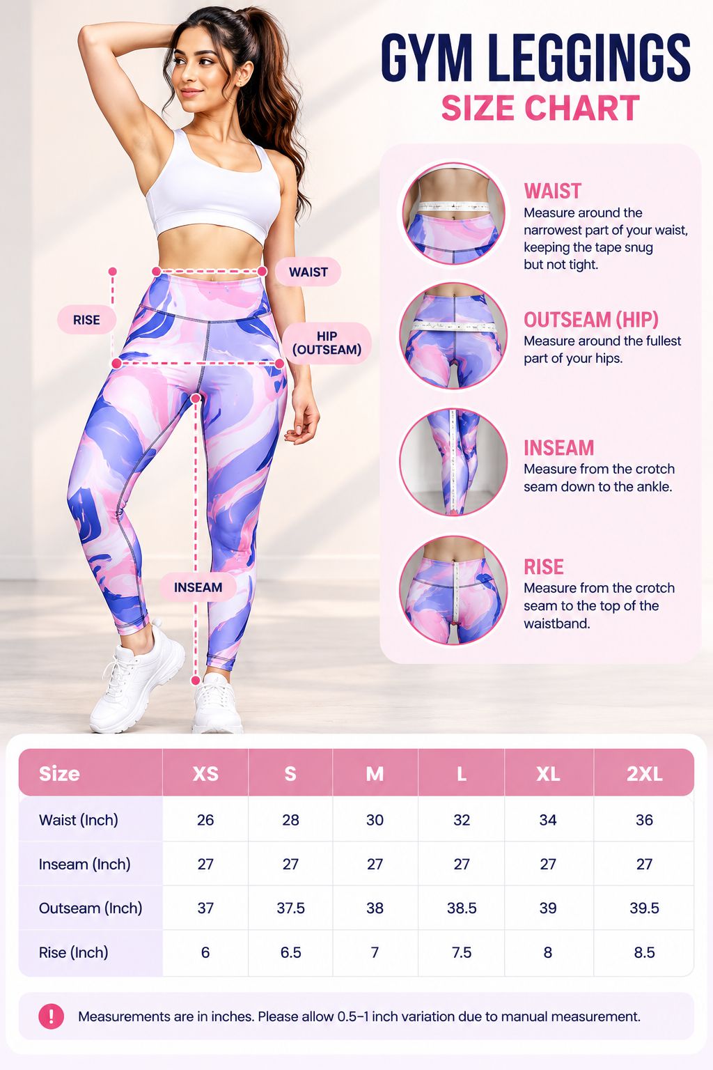 A gym leggings size chart infographic featuring a model wearing colorful patterned leggings, measurement guides with labeled points (waist, hip, inseam, rise), and a size table from XS to 2XL with inch measurements.