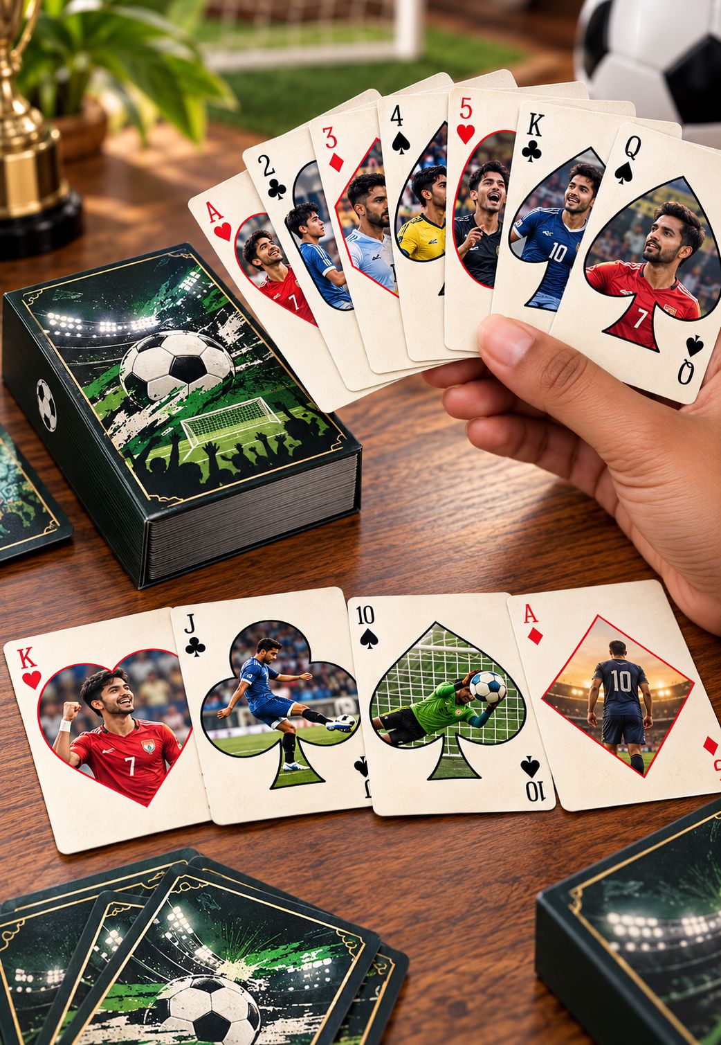 A hand holds a fan of soccer-themed playing cards over a wooden table, with the matching card deck box beside it. The cards feature football players and stadium scenes, and several cards are laid out in front on the table.