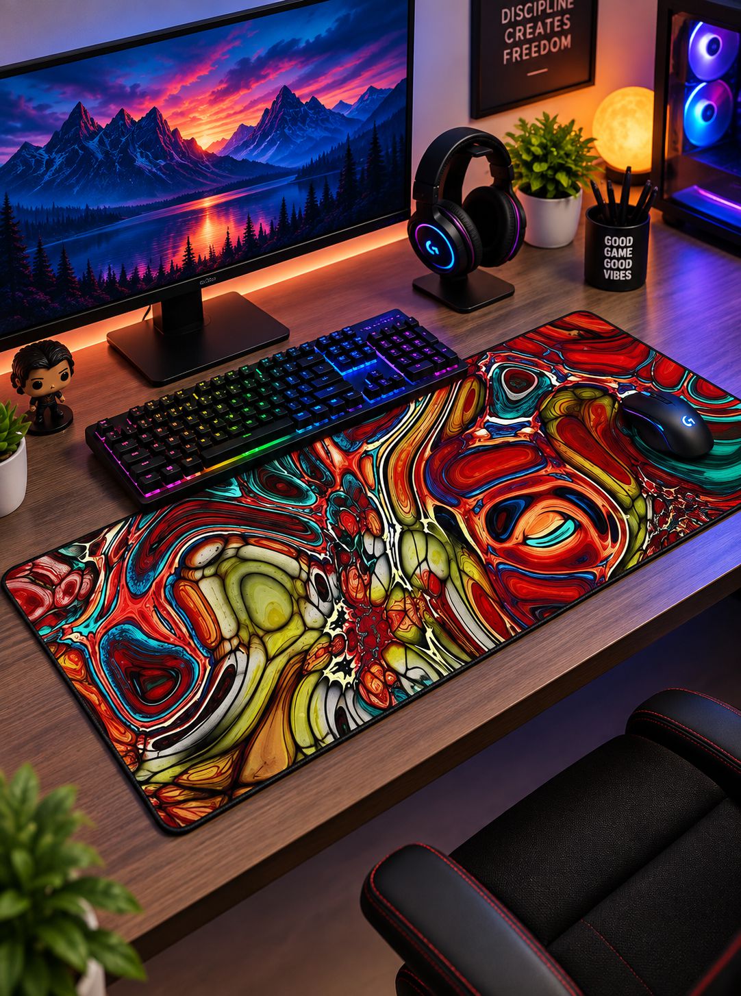 A large gaming desk mat with a vibrant, multicolored psychedelic swirl pattern is shown on a wooden desk in a styled gaming setup. The desk setup includes a computer monitor with a mountain landscape wallpaper, a RGB backlit keyboard, a mouse, headphones, and plants.