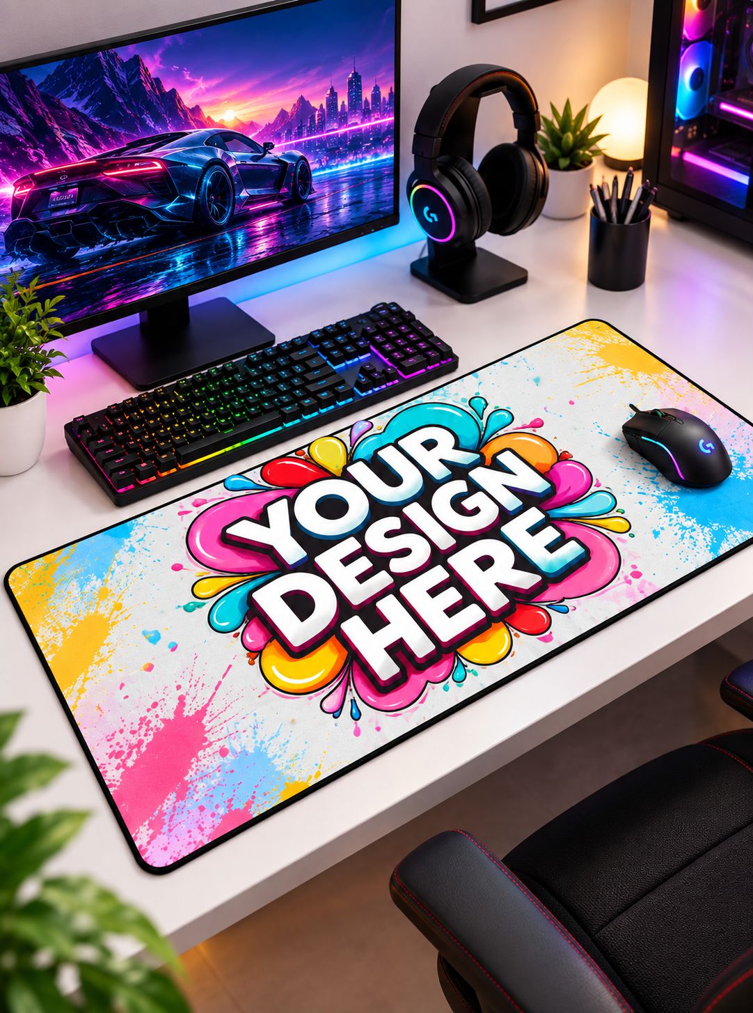 A large rectangular gaming desk mat on a white desk, featuring a colorful paint-splatter background and bold 3D text reading 'YOUR DESIGN HERE.' A keyboard, mouse, and monitor are arranged around it in a styled desk setup with headphones, plants, and ambient lighting.