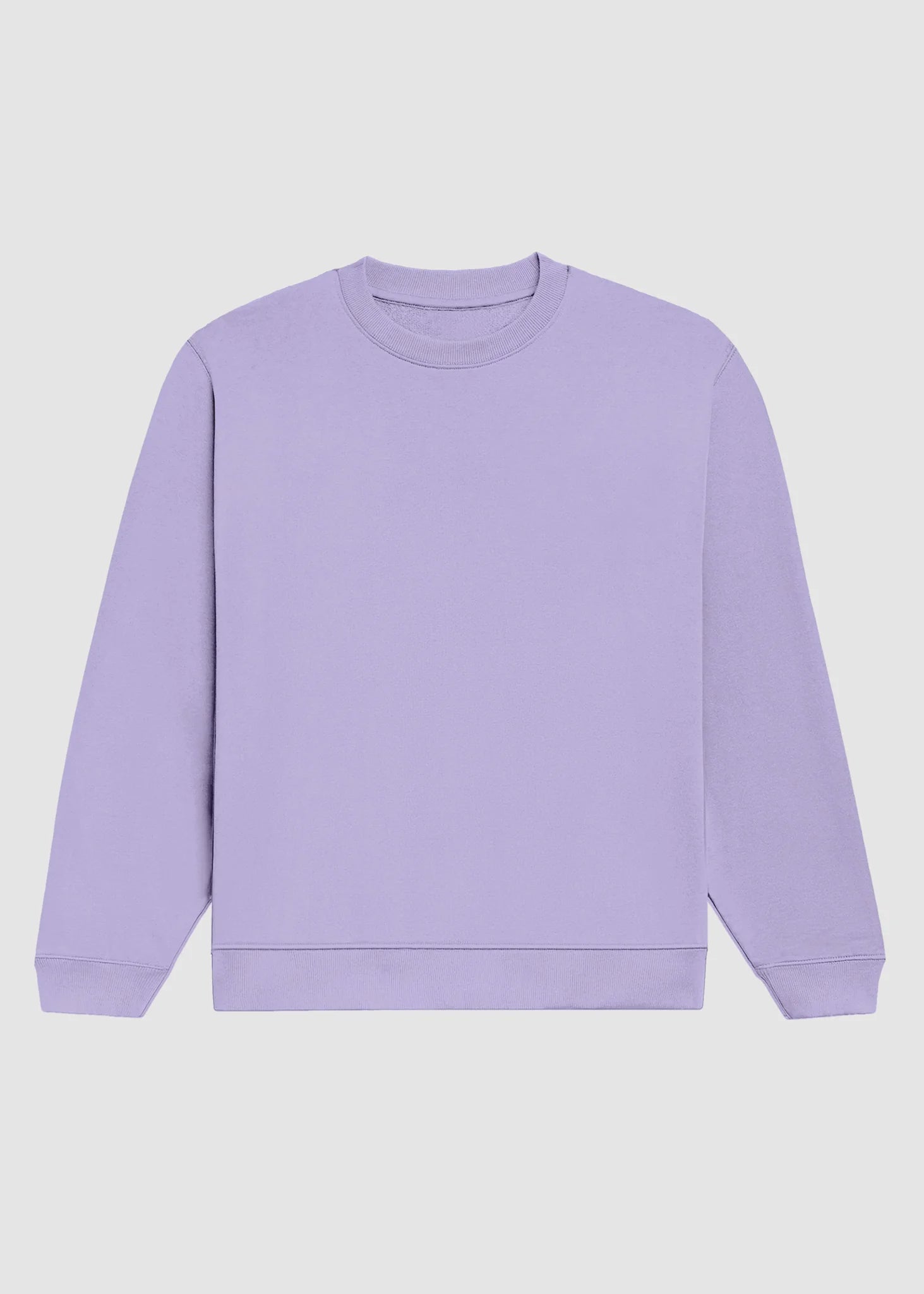 A light purple crewneck sweatshirt with long sleeves and ribbed cuffs and hem, displayed flat against a light gray background.