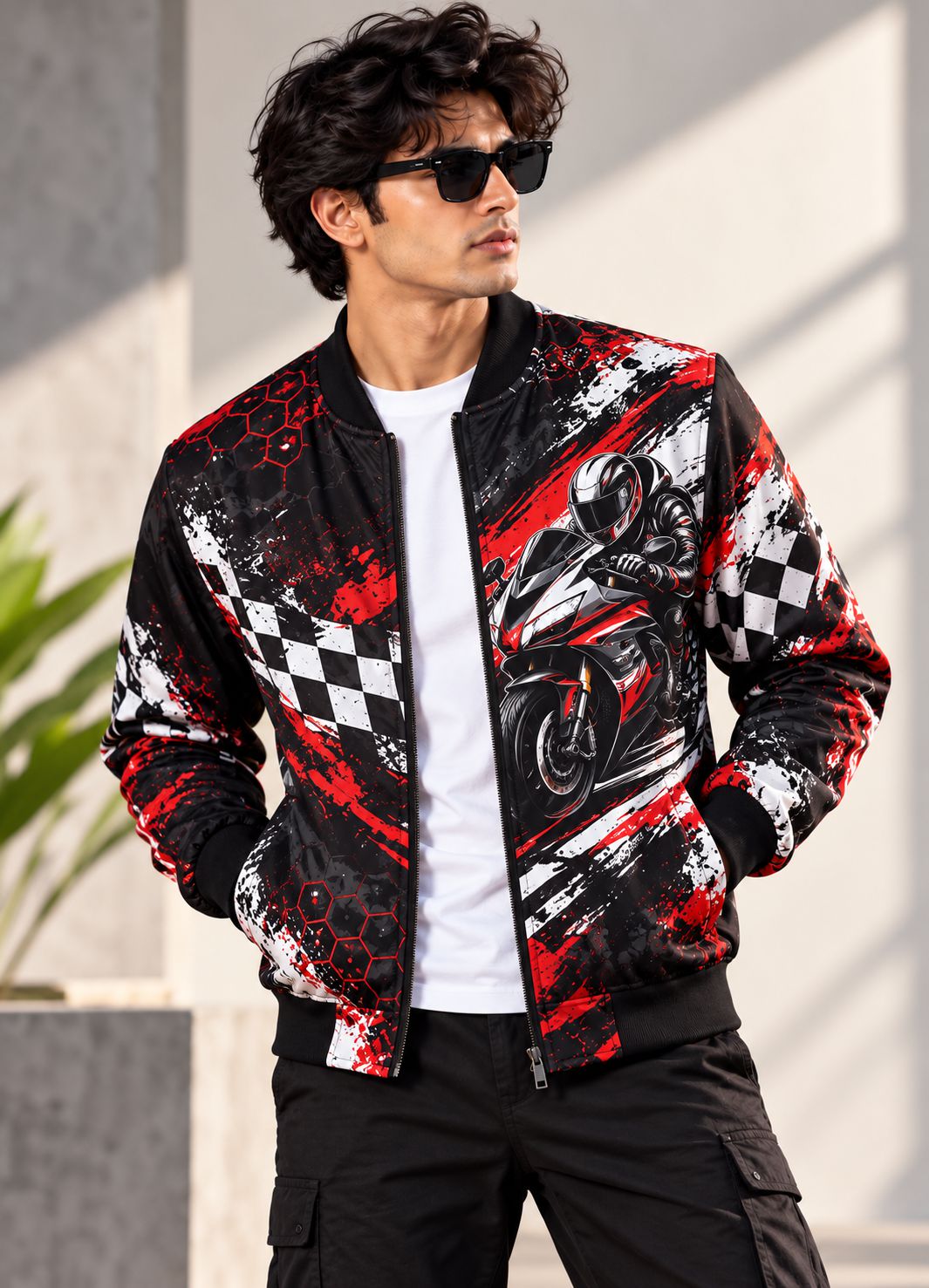 A man wearing a black bomber jacket with a red and white motorcycle graphic, red paint splatters, and checkered flag patterns, styled with a white t-shirt and black cargo pants.