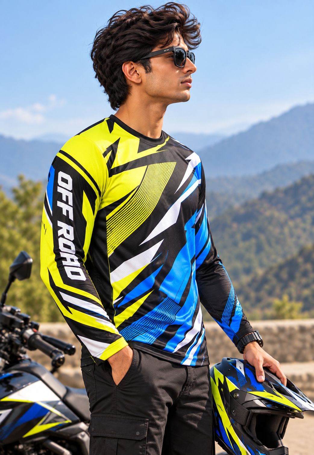 A man wearing a bright yellow, black, and blue graphic long-sleeve motorcycle jersey stands outdoors in front of mountains, holding a matching helmet. The jersey has 'OFF ROAD' printed vertically on the sleeve.