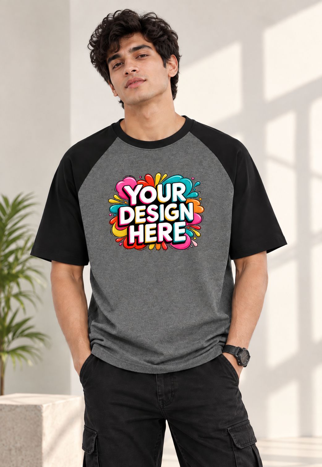 A man wearing a custom raglan t-shirt with a colorful 'YOUR DESIGN HERE' mockup graphic on the chest, set against a bright, modern indoor background.