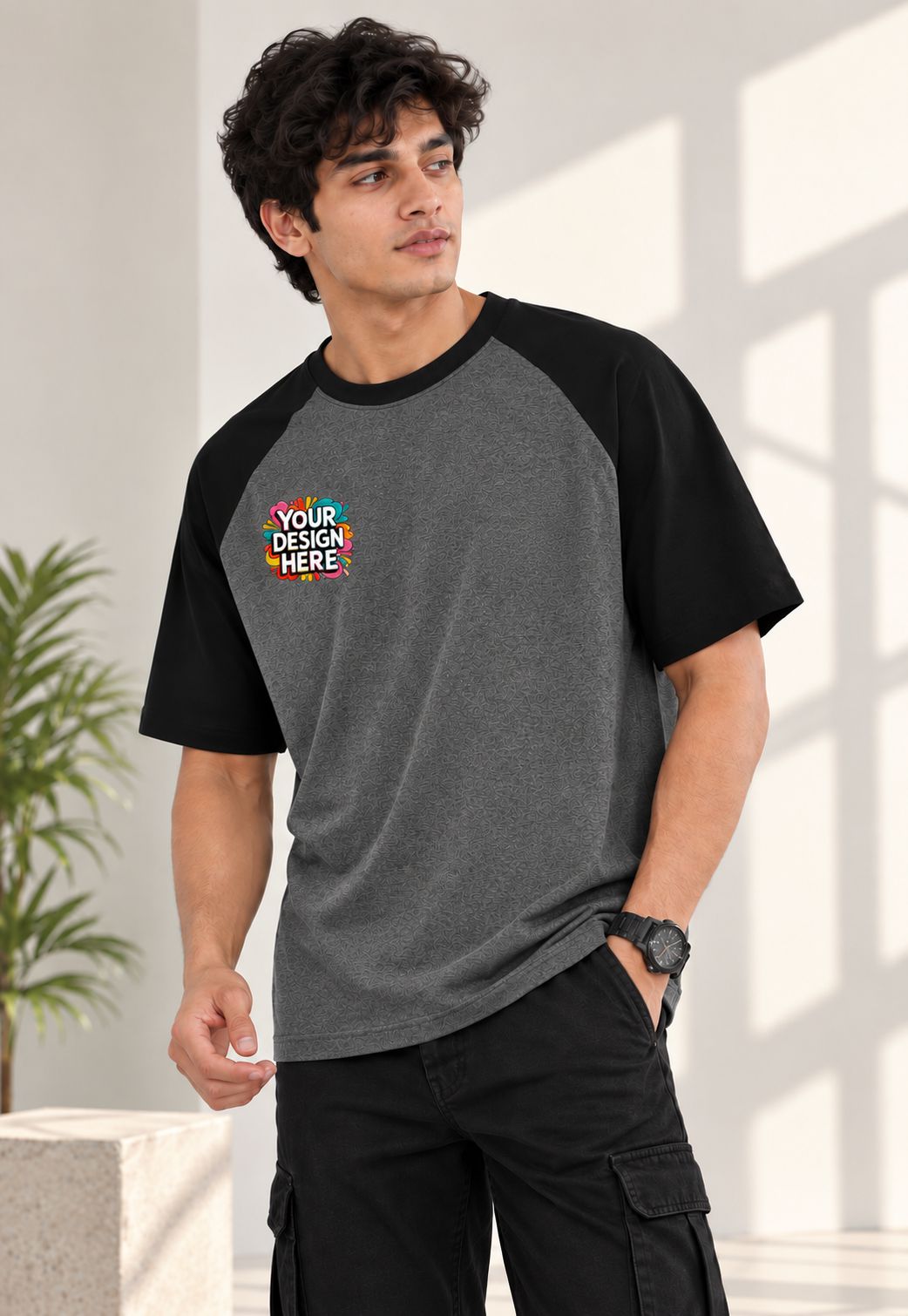 A man wearing a custom raglan t-shirt with a dark gray body and black sleeves, featuring a colorful 'YOUR DESIGN HERE!' graphic on the left chest, paired with black cargo pants in a bright indoor setting.