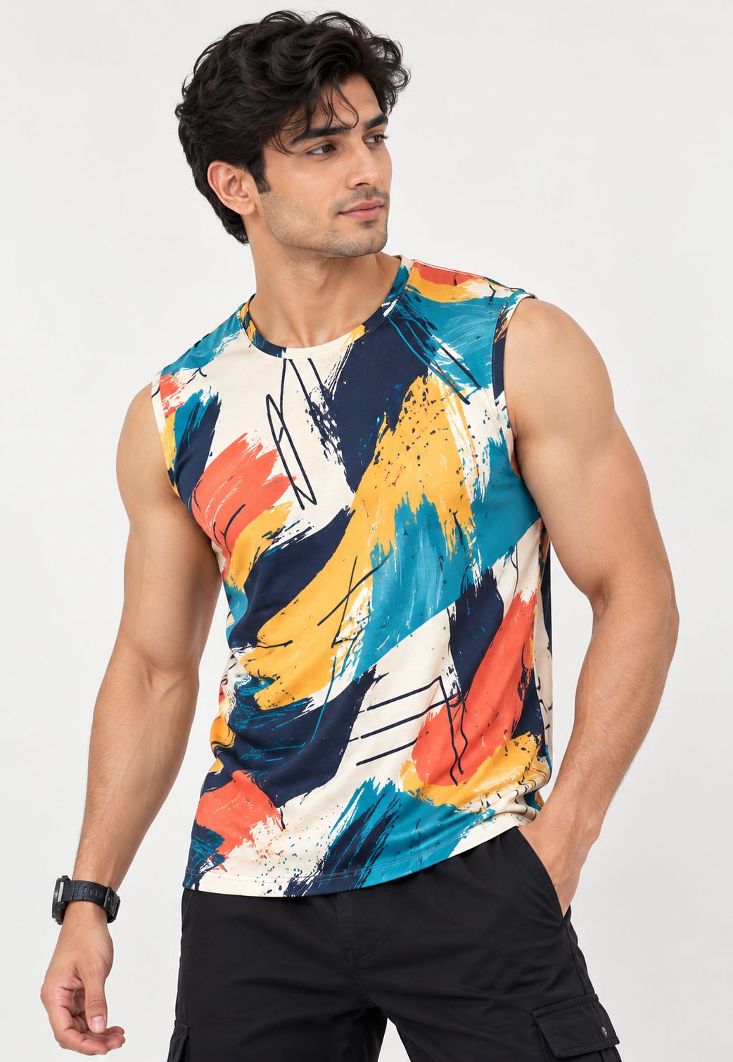 A man wearing a sleeveless crew-neck tank top with a vibrant abstract brushstroke print in blue, yellow, orange, and white, paired with black cargo pants against a light gray studio background.