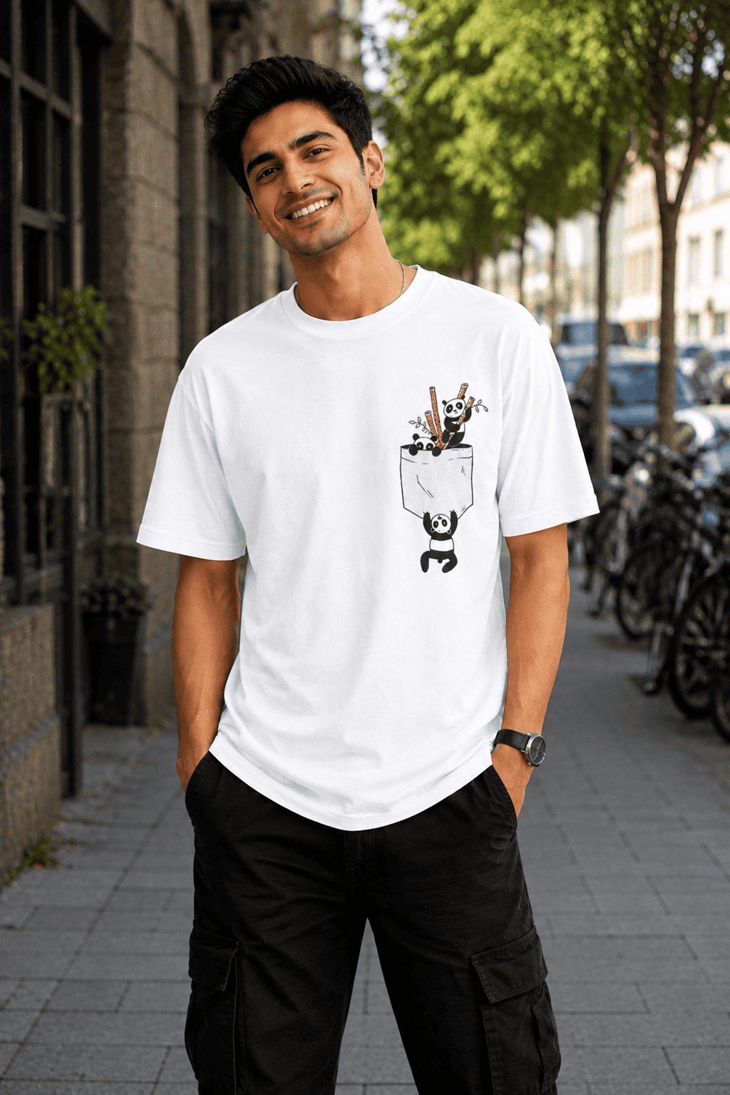 A man wearing a white crewneck t-shirt with a black graphic of a panda