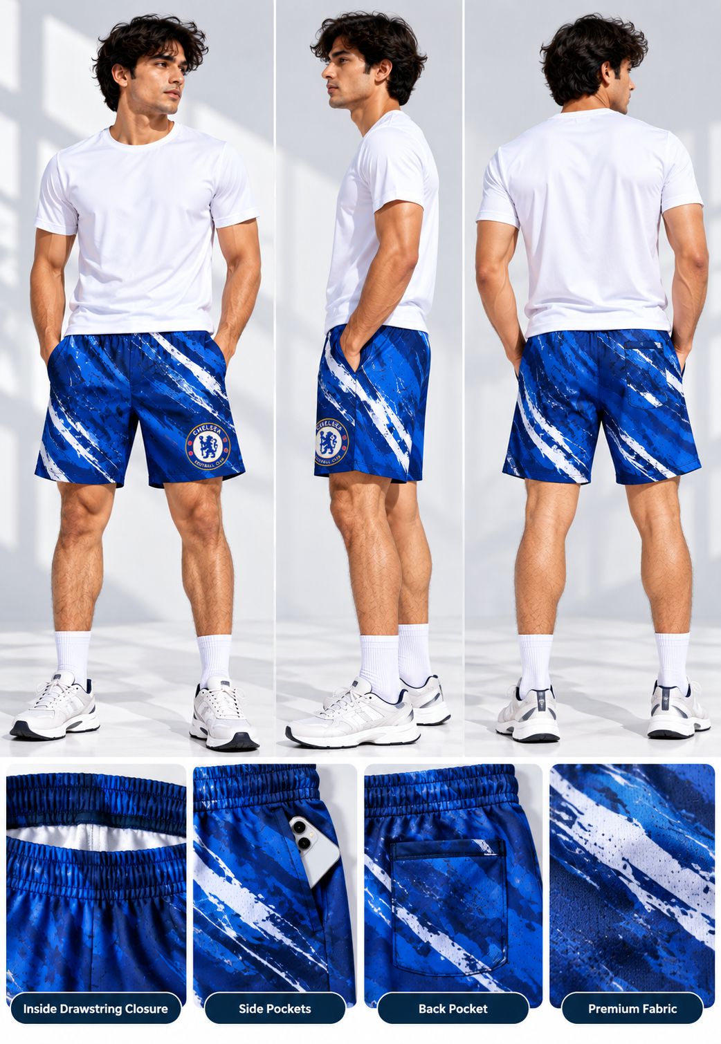 A model is shown from front, side, and back views wearing blue and white patterned Chelsea football shorts with a white t-shirt. Below the views are four detail close-ups of the shorts showing the elastic drawstring closure, side pockets, back pocket, and premium fabric texture.