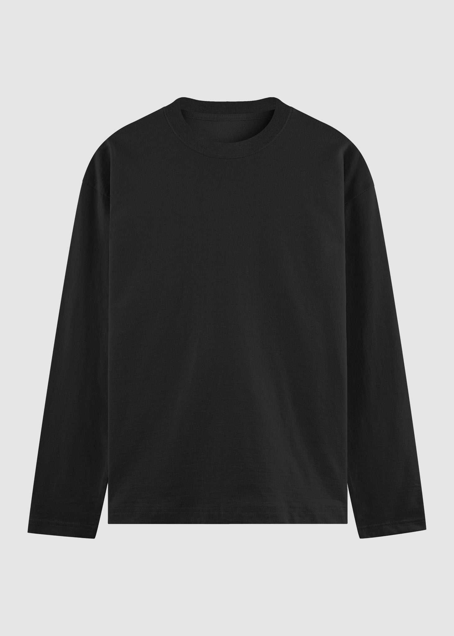 A plain black long-sleeve crewneck t-shirt displayed flat against a light gray background.