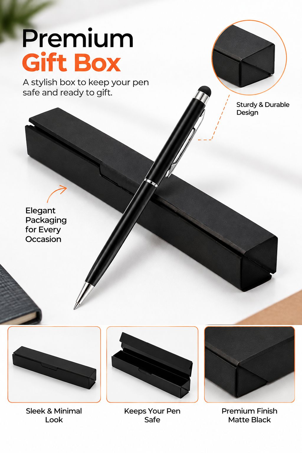 A premium black pen presented with a matching matte black gift box on a white background, with callout text and inset detail photos showing the box design, pen finish, and compact storage.