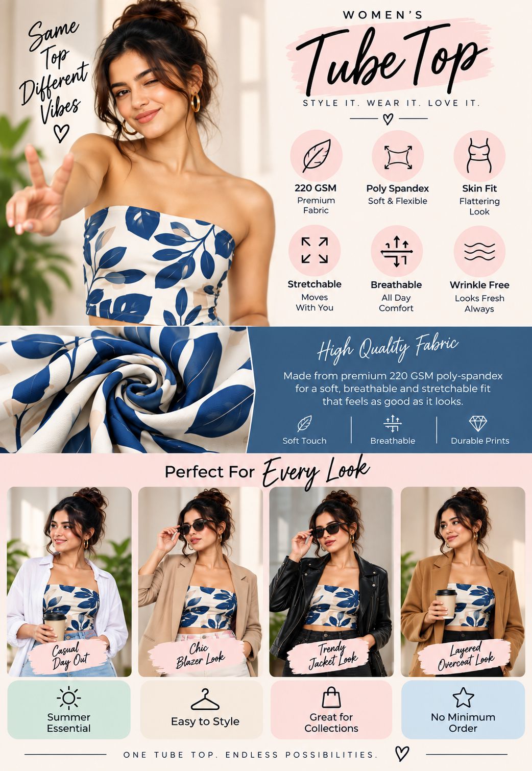 A promotional collage for a women's tube top featuring a large model wearing a blue and white leaf-patterned tube top, with smaller inset photos of the same garment styled in different colors and outfits. The layout includes marketing text such as 'Same Top Different Vibes,' 'Women's Tube Top,' fabric feature callouts, and style benefits.