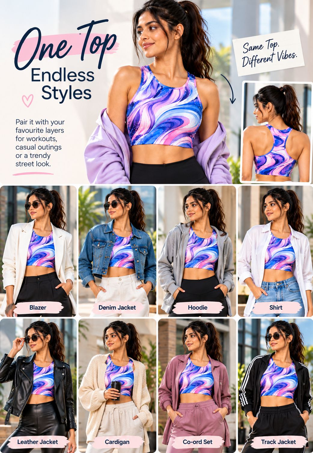 A promotional collage showing a woman modeling a colorful abstract-print sports bra/top in multiple styled outfits, with text reading 'One Top Endless Styles' and smaller labels naming different layering combinations. Because a person is present and the image is a styled lifestyle/marketing layout rather than a clean isolated product shot, subject_type is Lifestyle.