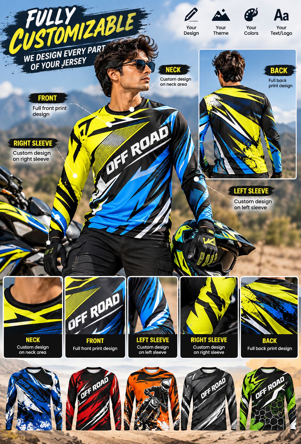 A promotional graphic for a customizable off-road jersey, featuring a male model wearing a blue, yellow, and black jersey with 'OFF ROAD' printed across the chest. The image includes front, back, and sleeve design views, customization callouts, and multiple color options at the bottom.