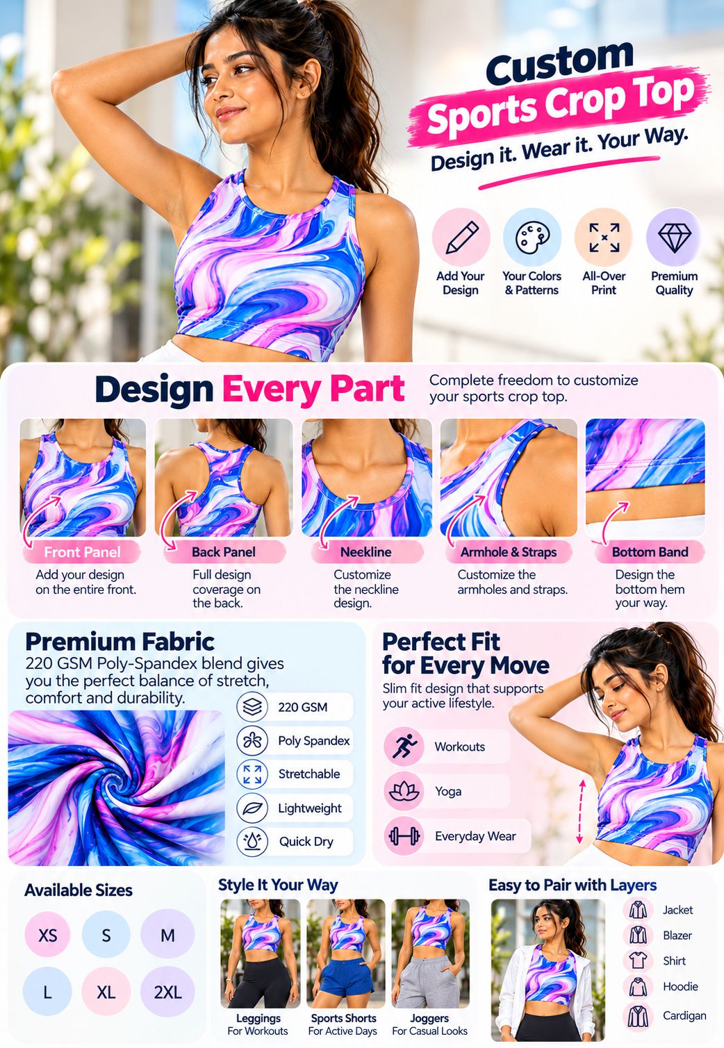 A promotional infographic for a custom sports crop top, featuring a woman wearing a colorful swirl-patterned top, with text and diagrams explaining customization options, fabric features, available sizes, and styling layers.