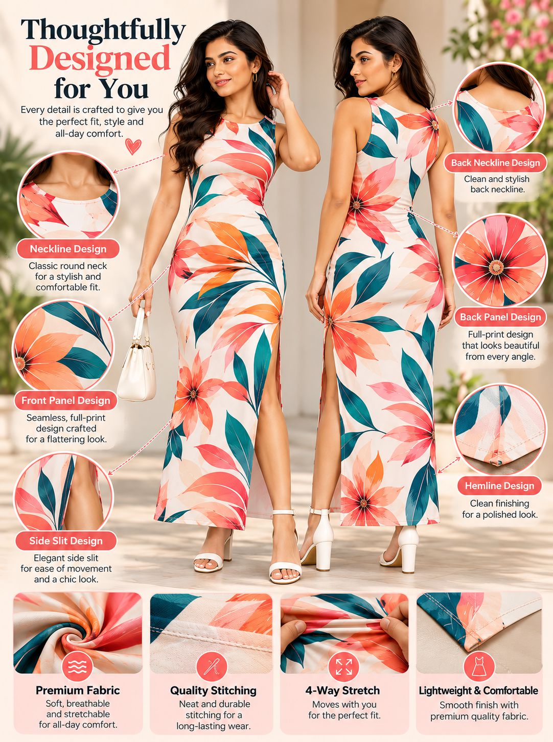 A promotional infographic for a sleeveless floral maxi dress, showing a woman modeling the front and back views. The graphic includes detailed callouts of the dress features (neckline, front panel, side slit, stretch) and fabric qualities with circular inset photos and text on a light beige background.