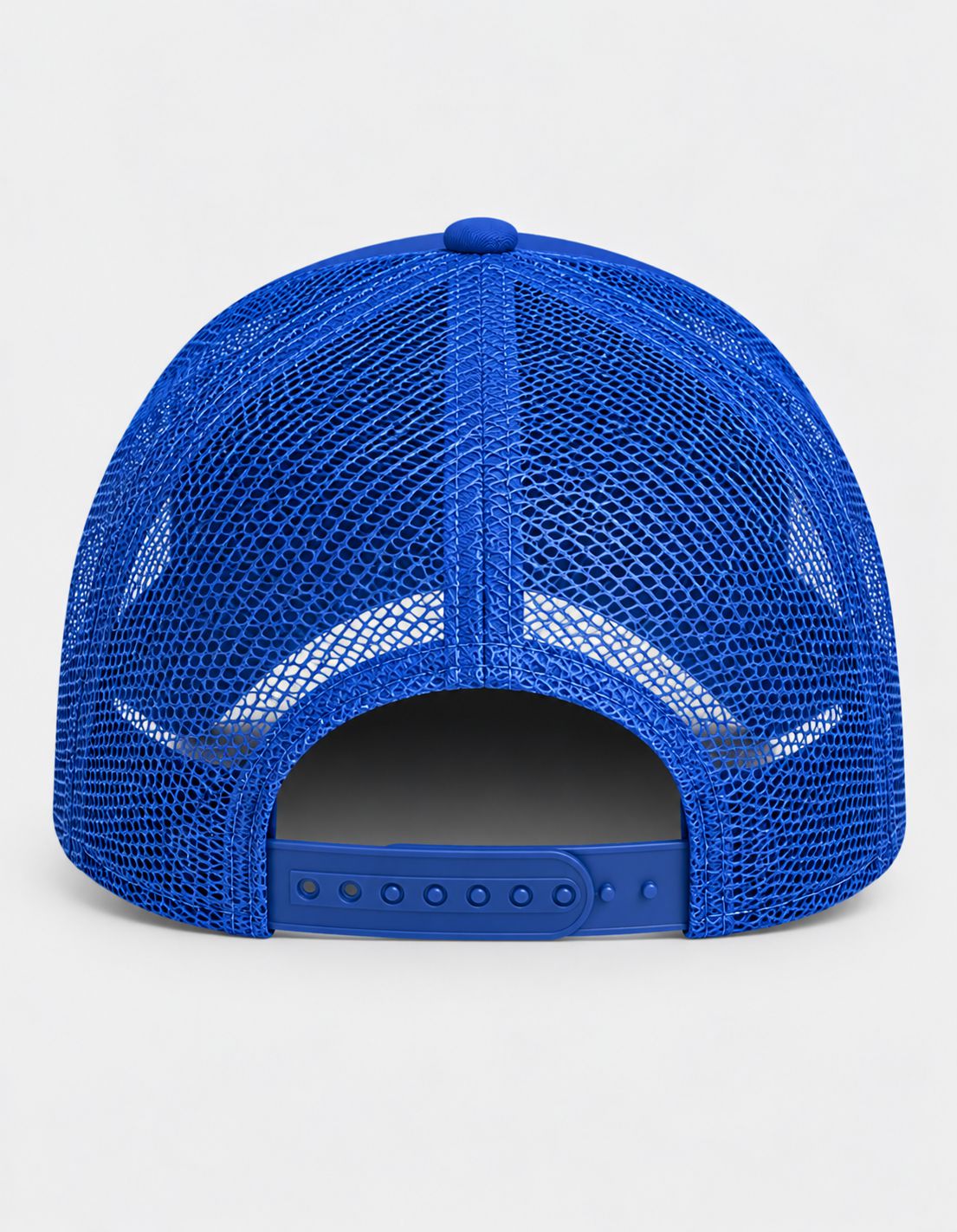 A royal blue trucker-style baseball cap shown from the back, featuring a structured mesh back and an adjustable snap closure.