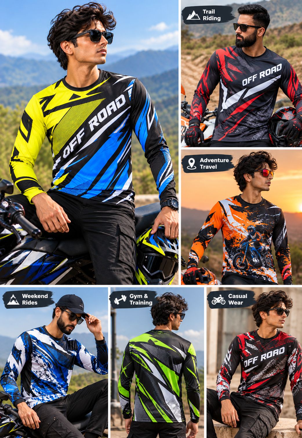 A six-panel collage showing a man wearing long-sleeve off-road motorcycle jerseys in different colorways and settings, including outdoor mountain scenes, a sunset, and casual road trips. The jerseys feature bold graphic patterns with text such as 'OFF ROAD' and activity labels like 'Trail Riding,' 'Adventure Travel,' 'Weekend Rides,' 'Gym & Training,' and 'Casual Wear.
