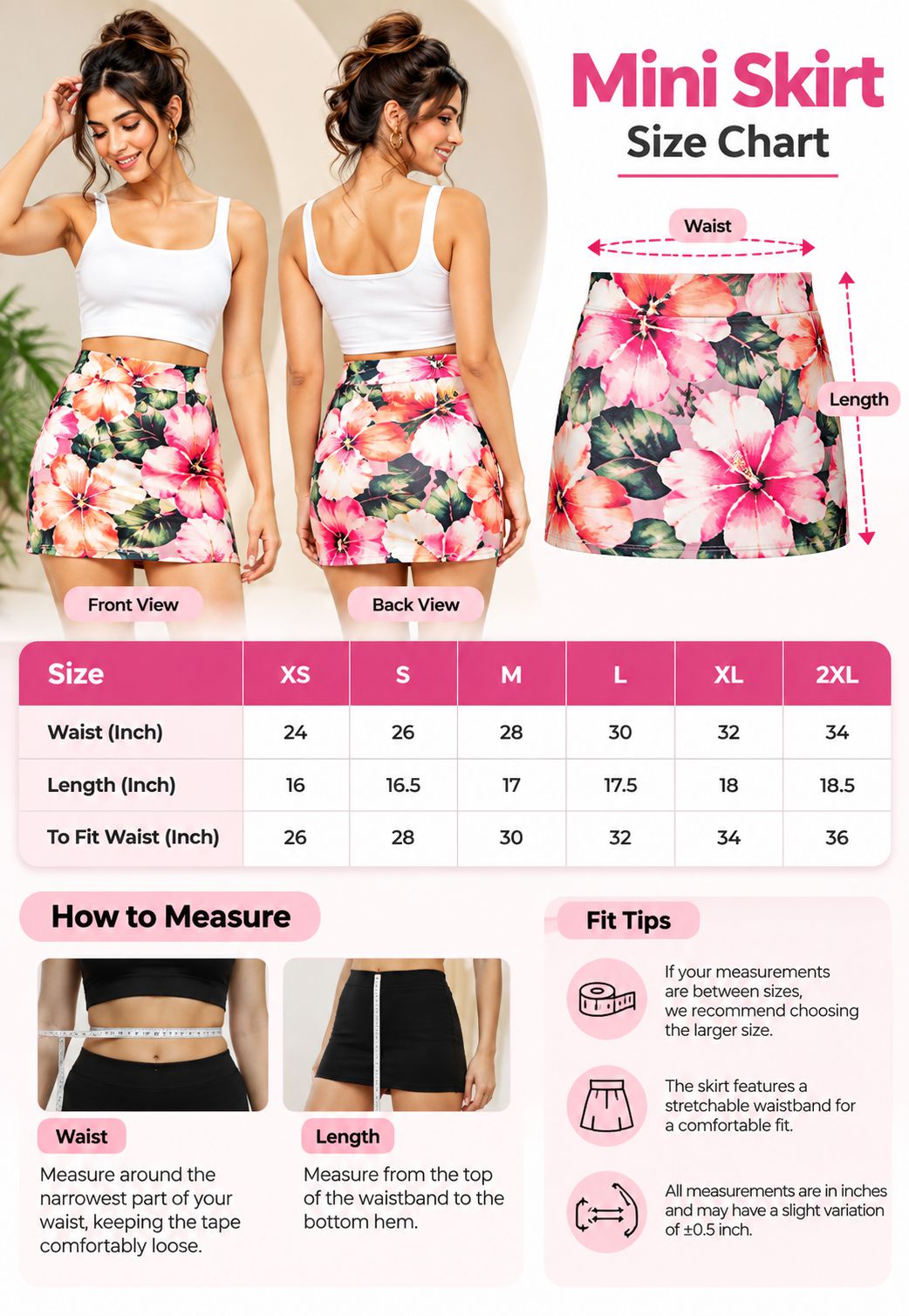 A size chart and measurement guide for a pink floral mini skirt. The chart includes front and back view models wearing the skirt, a dimension diagram showing waist and length measurements, a size table from XS to 2XL, and a 'How to Measure' section with photos and tips.