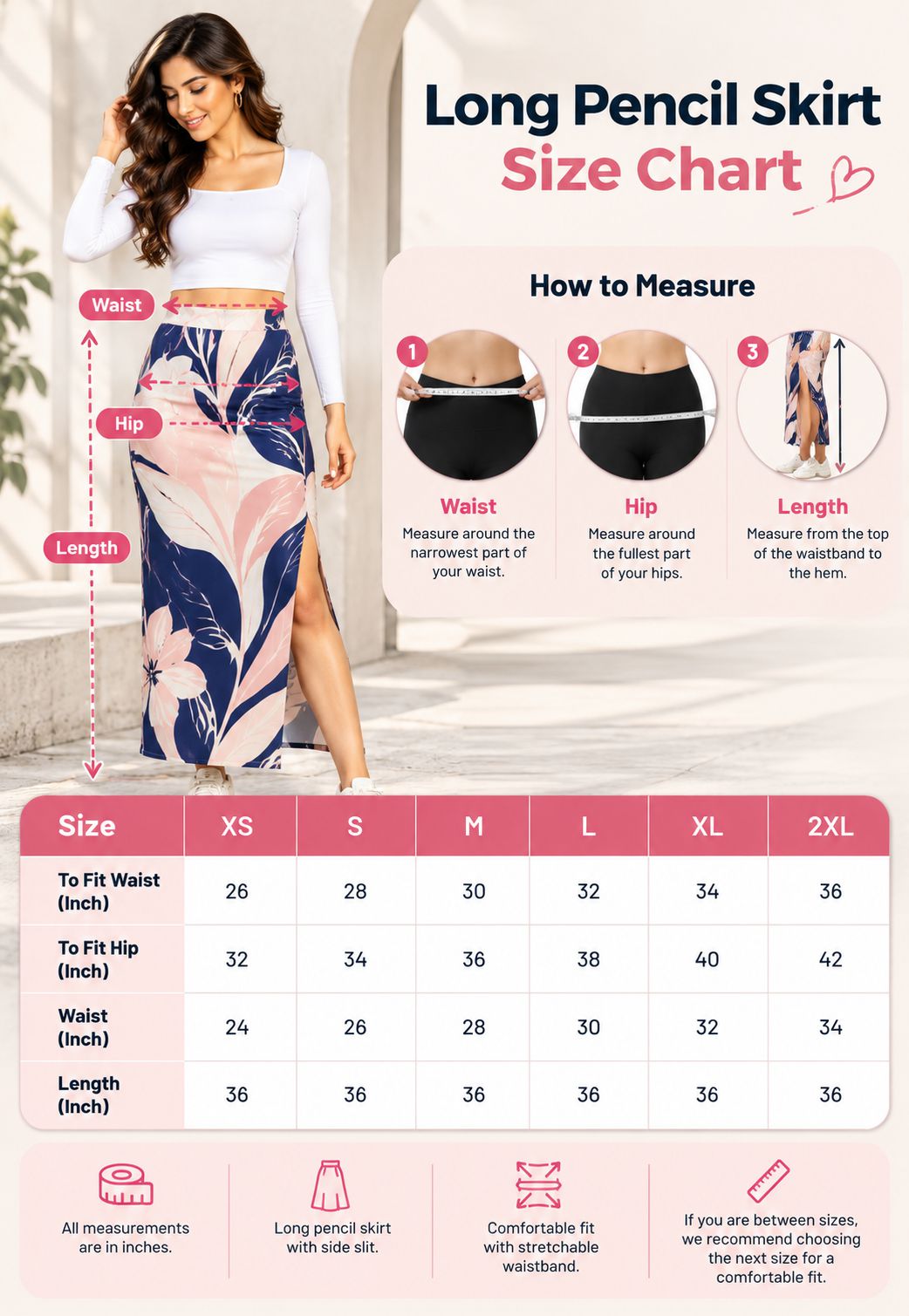 A size chart graphic for a long pencil skirt, featuring a model wearing the skirt, step-by-step measurement instructions, and a size table with waist and hip measurements for sizes XS through 2XL.