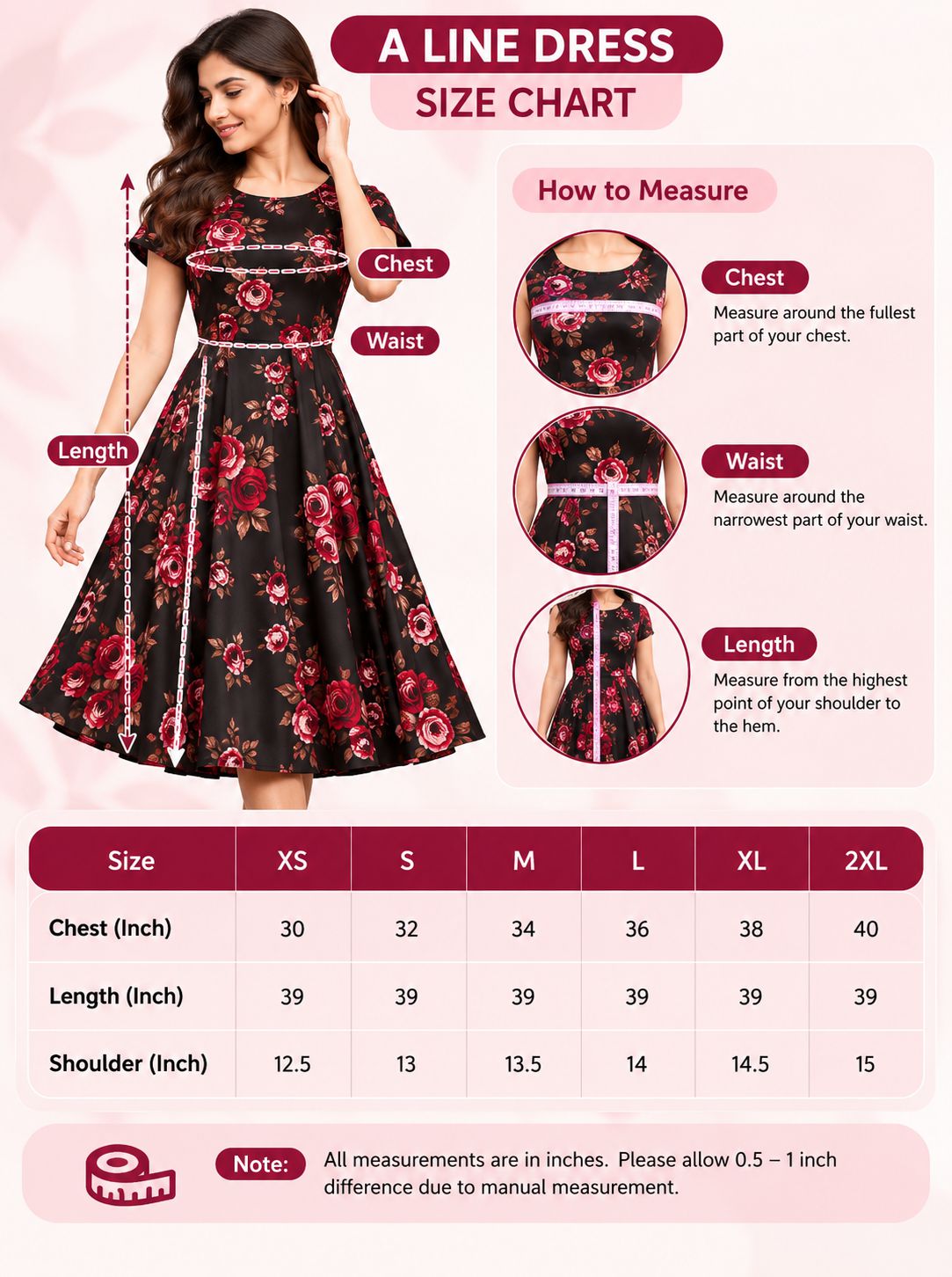 A size chart graphic for an A-line dress, featuring a model wearing a black floral dress with red and pink rose patterns. The chart includes measurement guides for chest, waist, and length, and a size table listing measurements for sizes XS through 2XL.