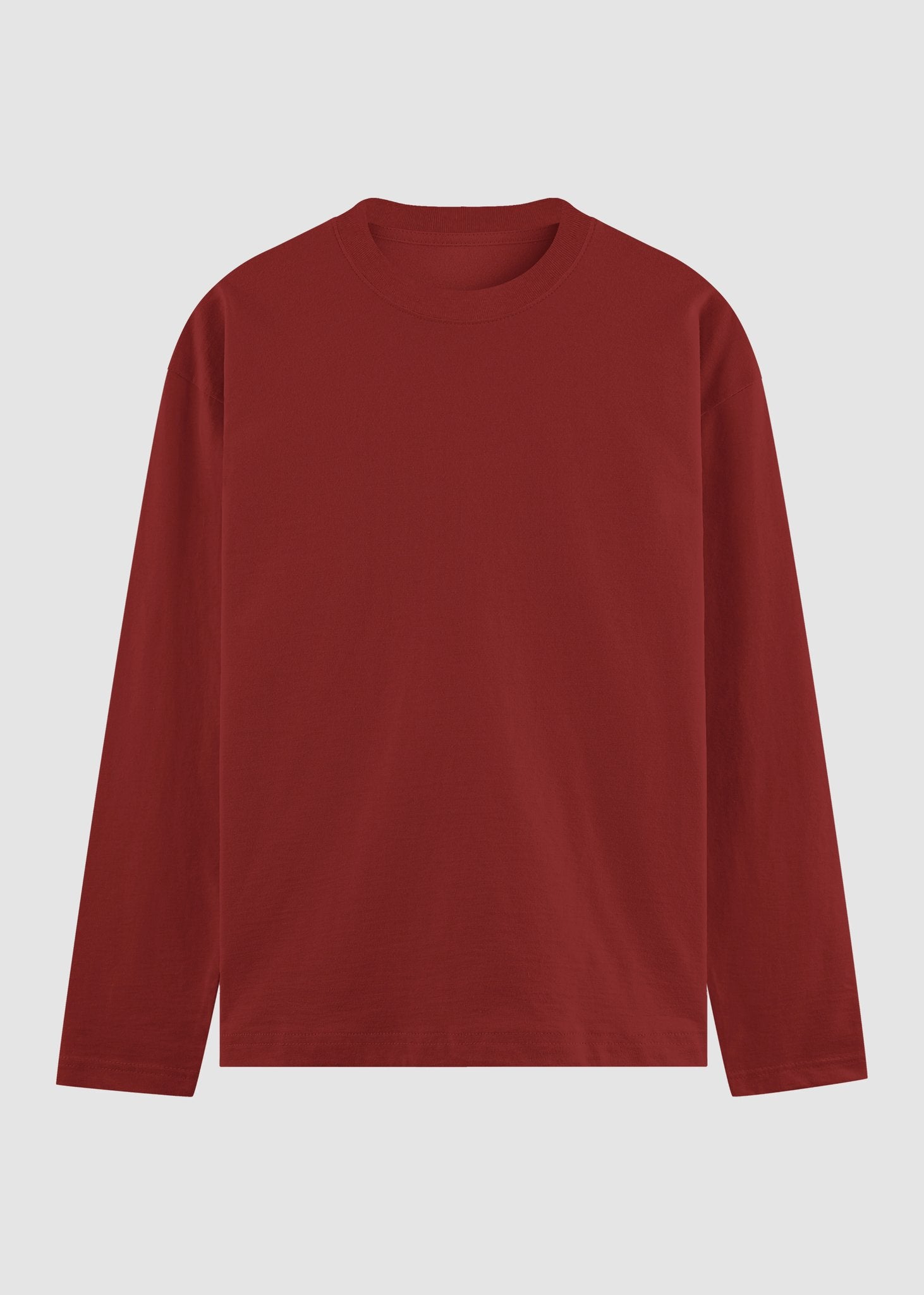 A solid dark red long-sleeve crewneck t-shirt displayed flat against a light gray background.