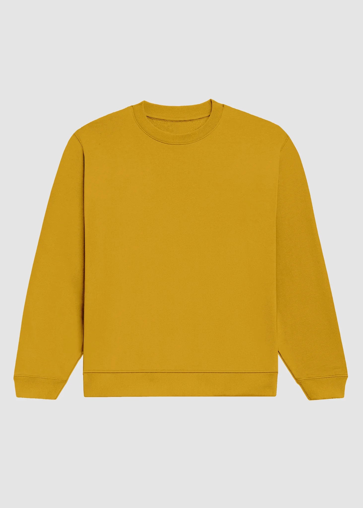 A solid mustard yellow crewneck sweatshirt with long sleeves and ribbed cuffs, collar, and hem, displayed flat against a light gray background.