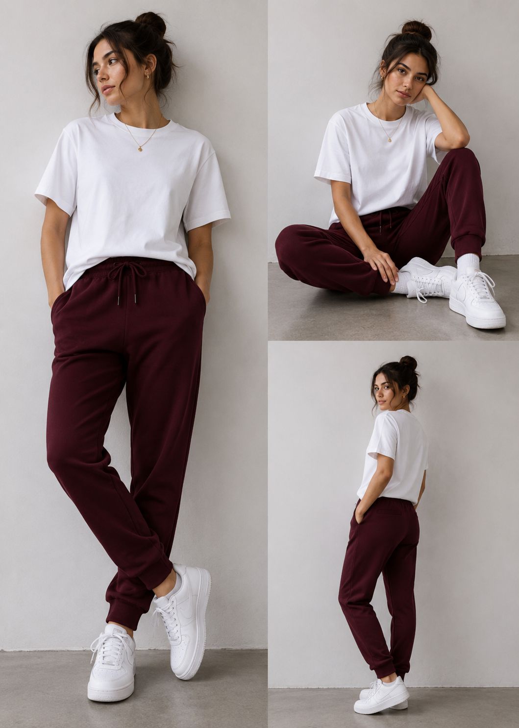 A three-panel lifestyle photo of a woman modeling burgundy drawstring sweatpants with a white t-shirt and white sneakers against a light gray wall.