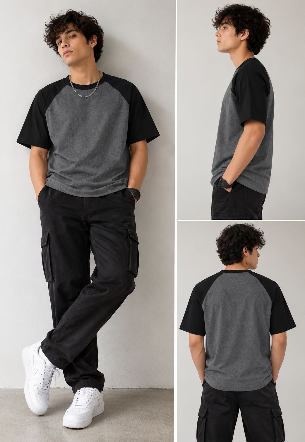 A three-panel model photo showing a man wearing a short-sleeve raglan t-shirt in gray and black, paired with black cargo pants and white sneakers, against a plain light gray wall.