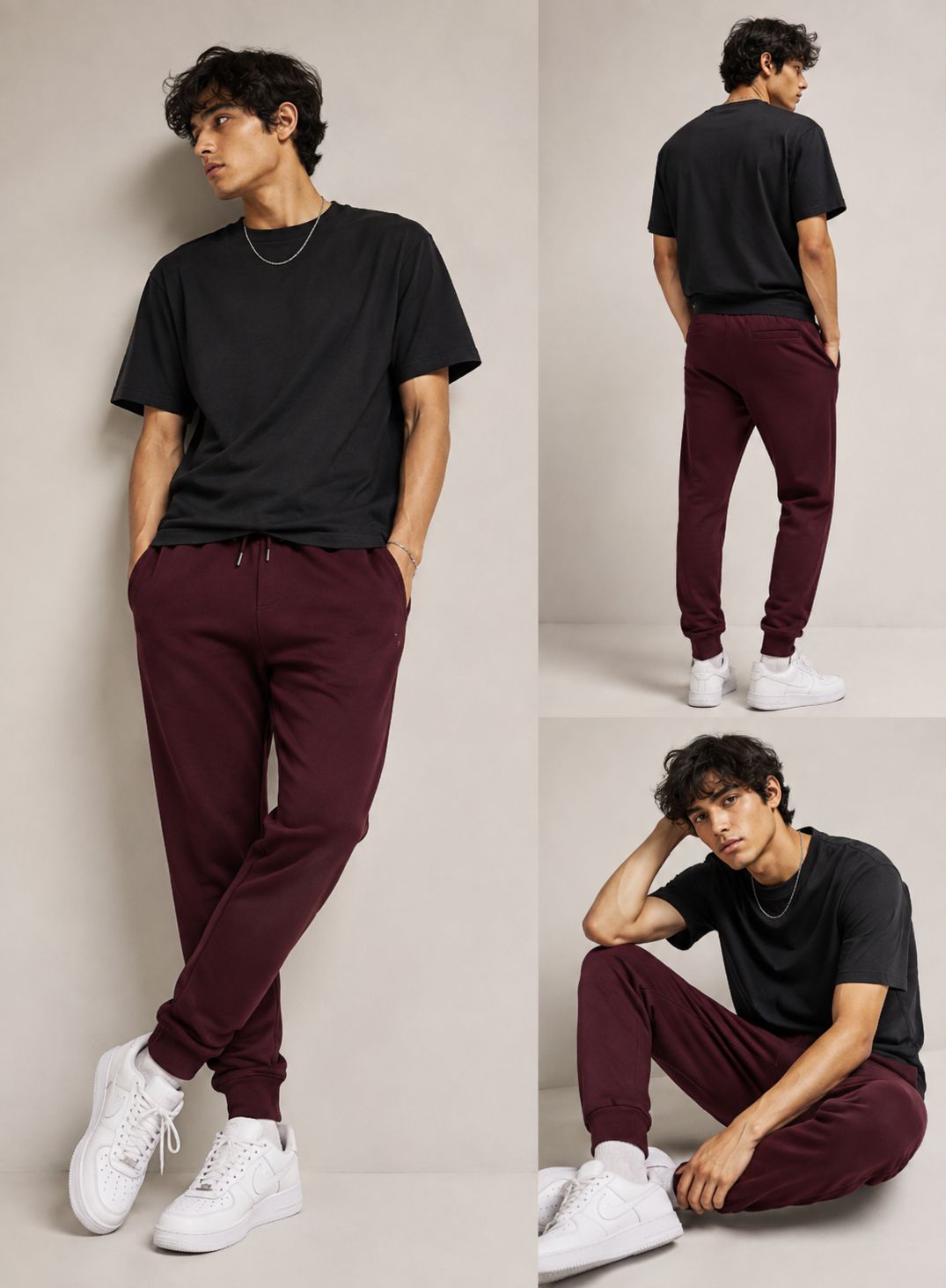 A three-panel model photo showing a man wearing dark burgundy jogger sweatpants with a black t-shirt and white sneakers against a light beige studio background.