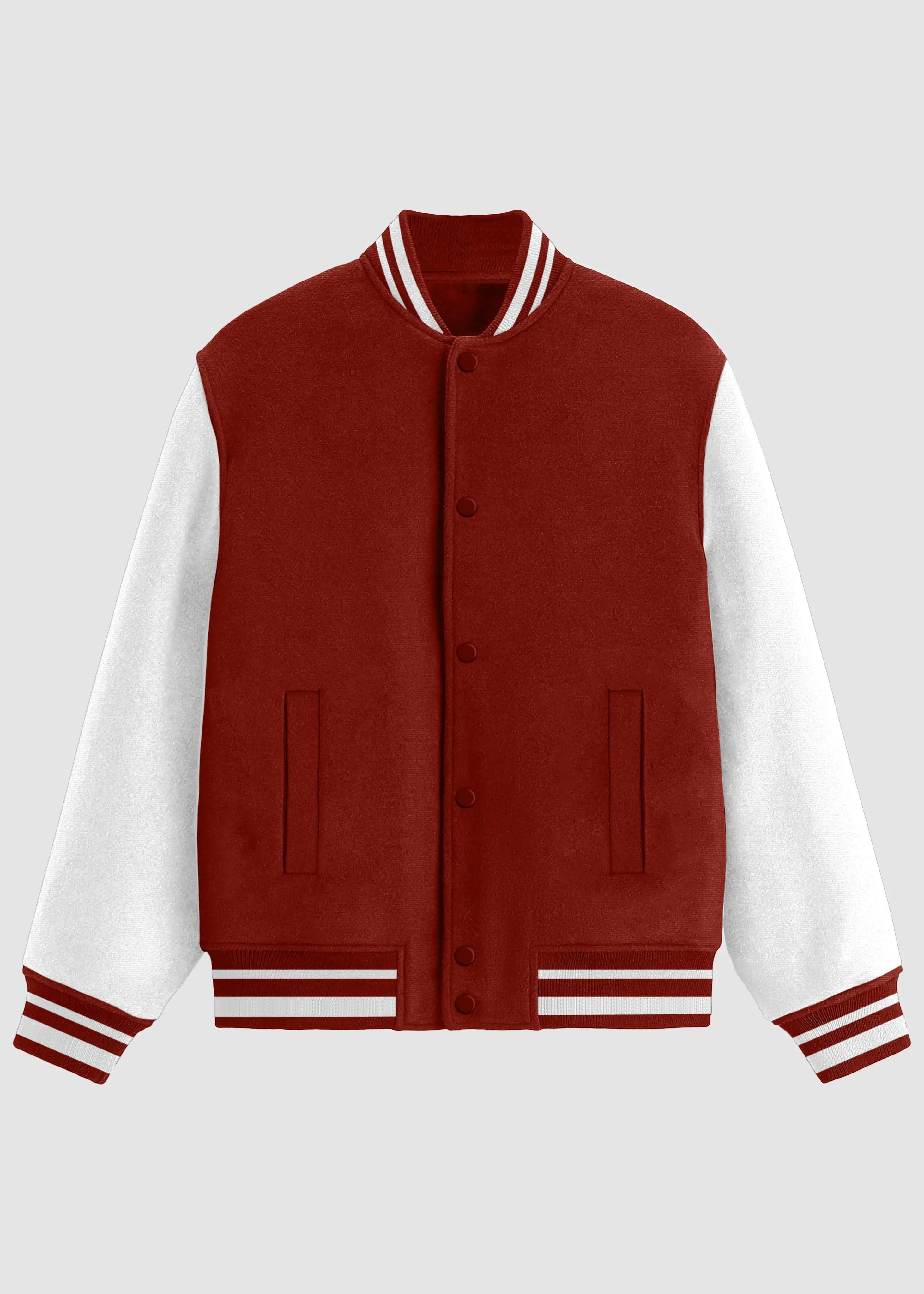 A varsity-style jacket with a deep red body and white sleeves, featuring striped ribbed collar, cuffs, and hem, and a button-front closure.