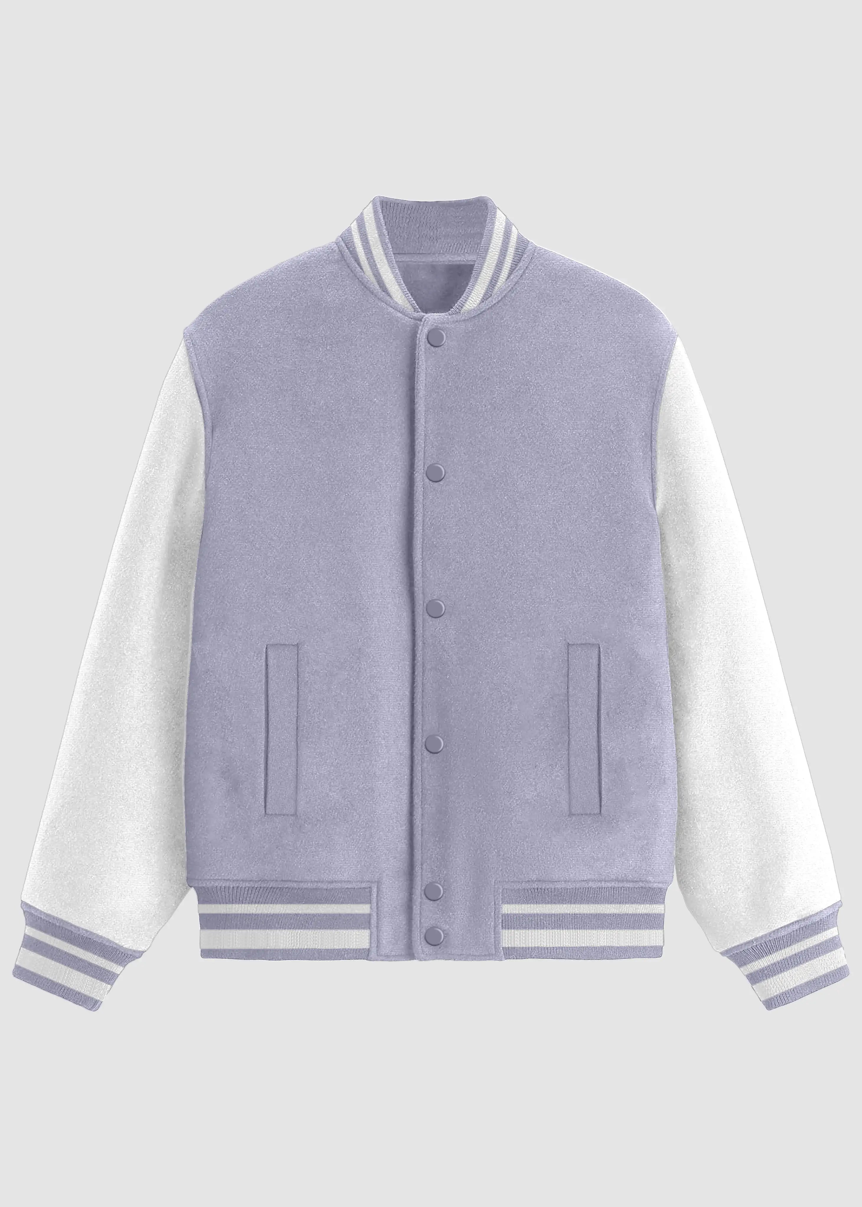 A varsity-style jacket with a light lavender-purple body and white sleeves, featuring striped ribbed collar, cuffs, and hem, and a snap-button front, shown on a light gray background.