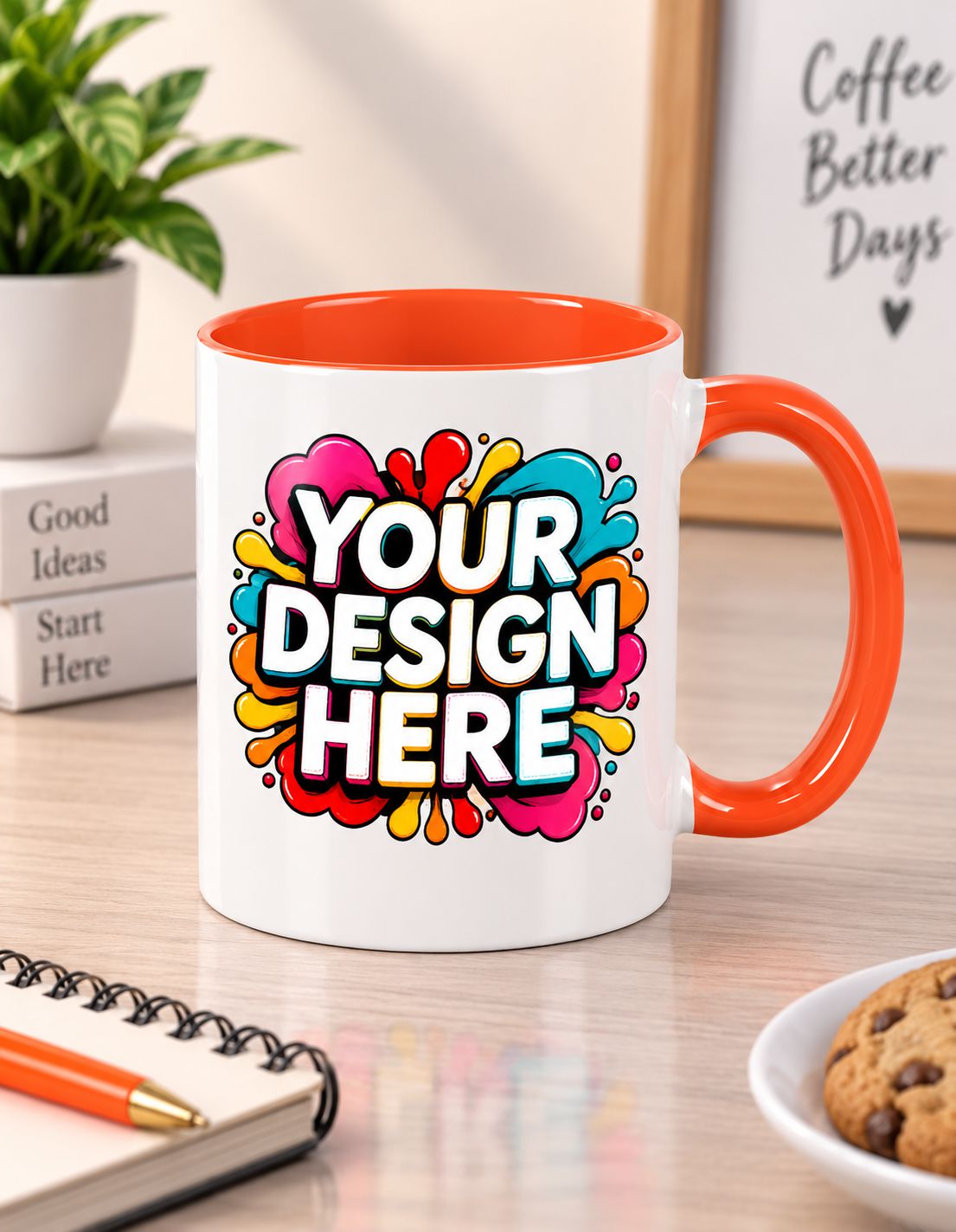 A white ceramic coffee mug with a bright orange handle and interior, featuring a colorful 'YOUR DESIGN HERE' mockup graphic on the front. The mug is set on a wooden desk with a notebook, plant, and cookies in a bright, modern room.