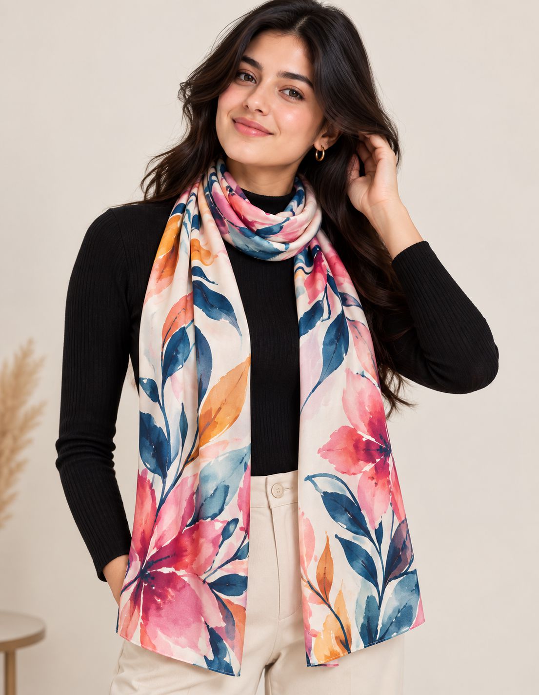 A woman modeling a lightweight rectangular scarf with a vibrant watercolor floral print in pink, blue, orange, and teal on a cream background, styled over a black long-sleeve top and beige pants.