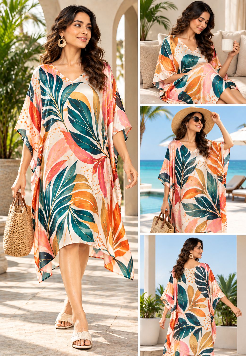 A woman modeling a loose tropical leaf print kaftan dress in a beachside setting, shown in a large main panel and three smaller inset panels. The dress has a cream base with large teal, coral, orange, and peach leaf motifs.