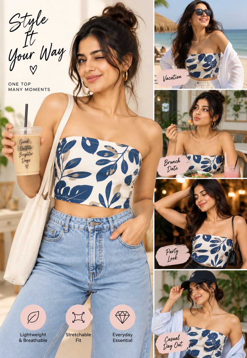 A woman modeling a strapless tube top with a navy blue leaf pattern on a white background, shown in a collage with multiple lifestyle scenes and text callouts.
