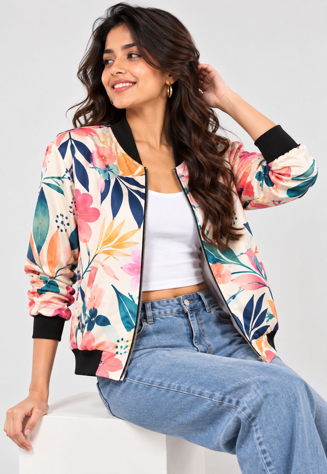 A woman wearing a colorful floral print bomber jacket with black ribbed trim, styled with a white crop top and light blue jeans, sitting on a white block against a light gray background.