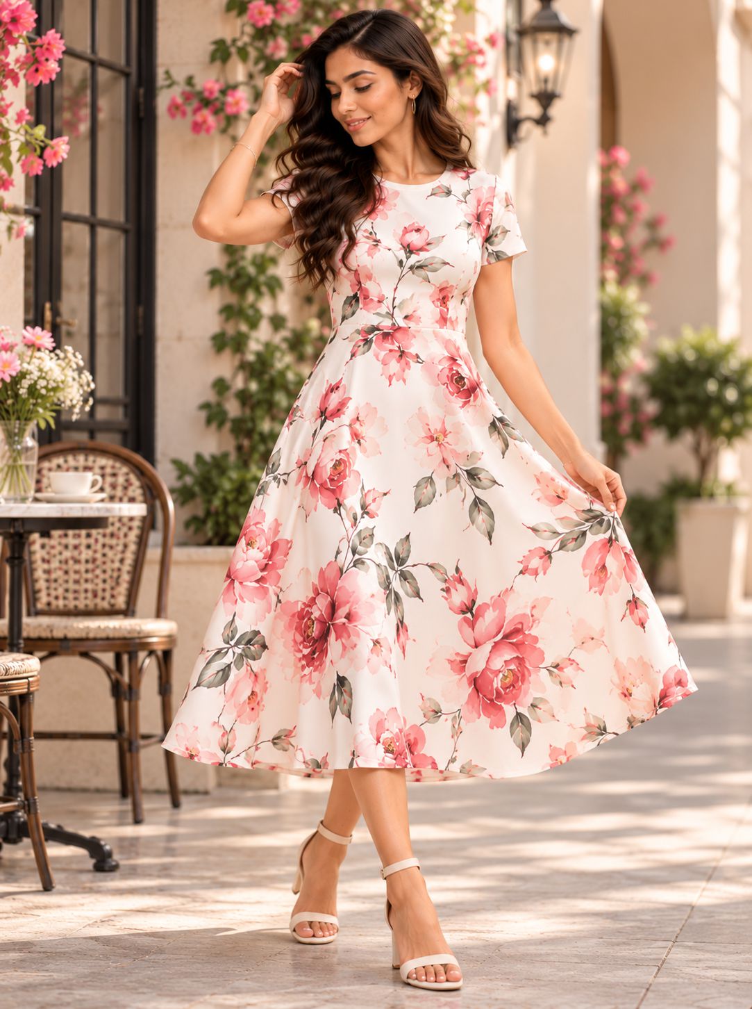 A woman wearing a short-sleeve, knee-length A-line dress with a pink and green floral print on a cream background, standing in an outdoor patio setting.
