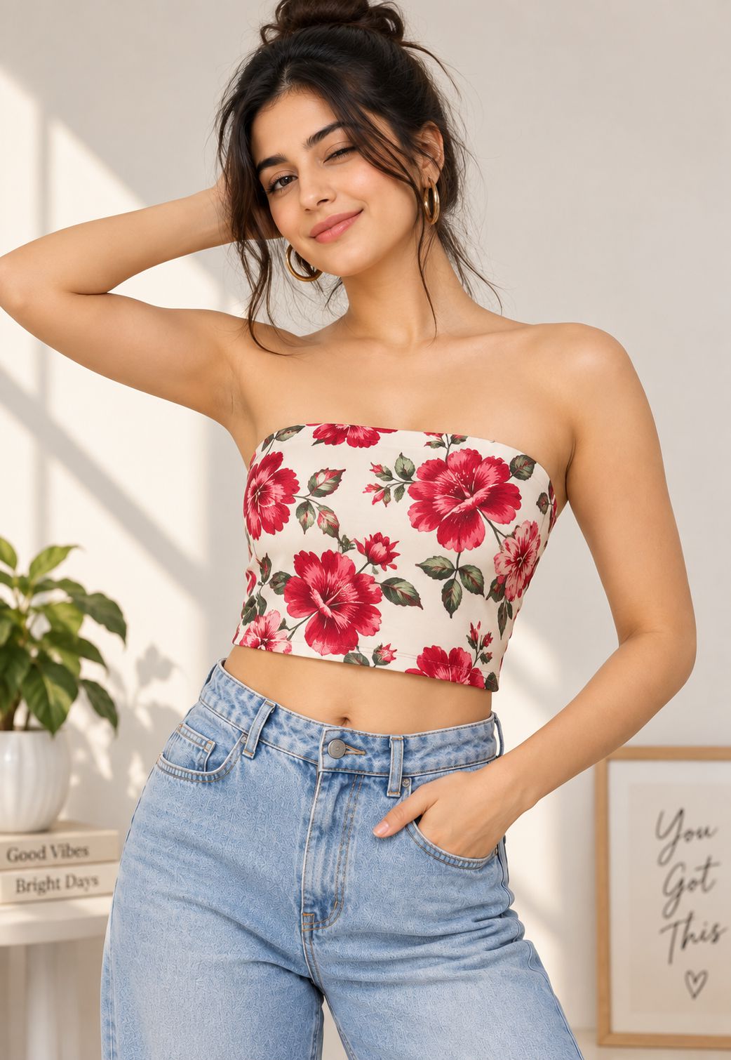 A woman wearing a strapless tube top with a red and pink floral print on a cream background, paired with light blue jeans, posing in a brightly lit indoor setting.