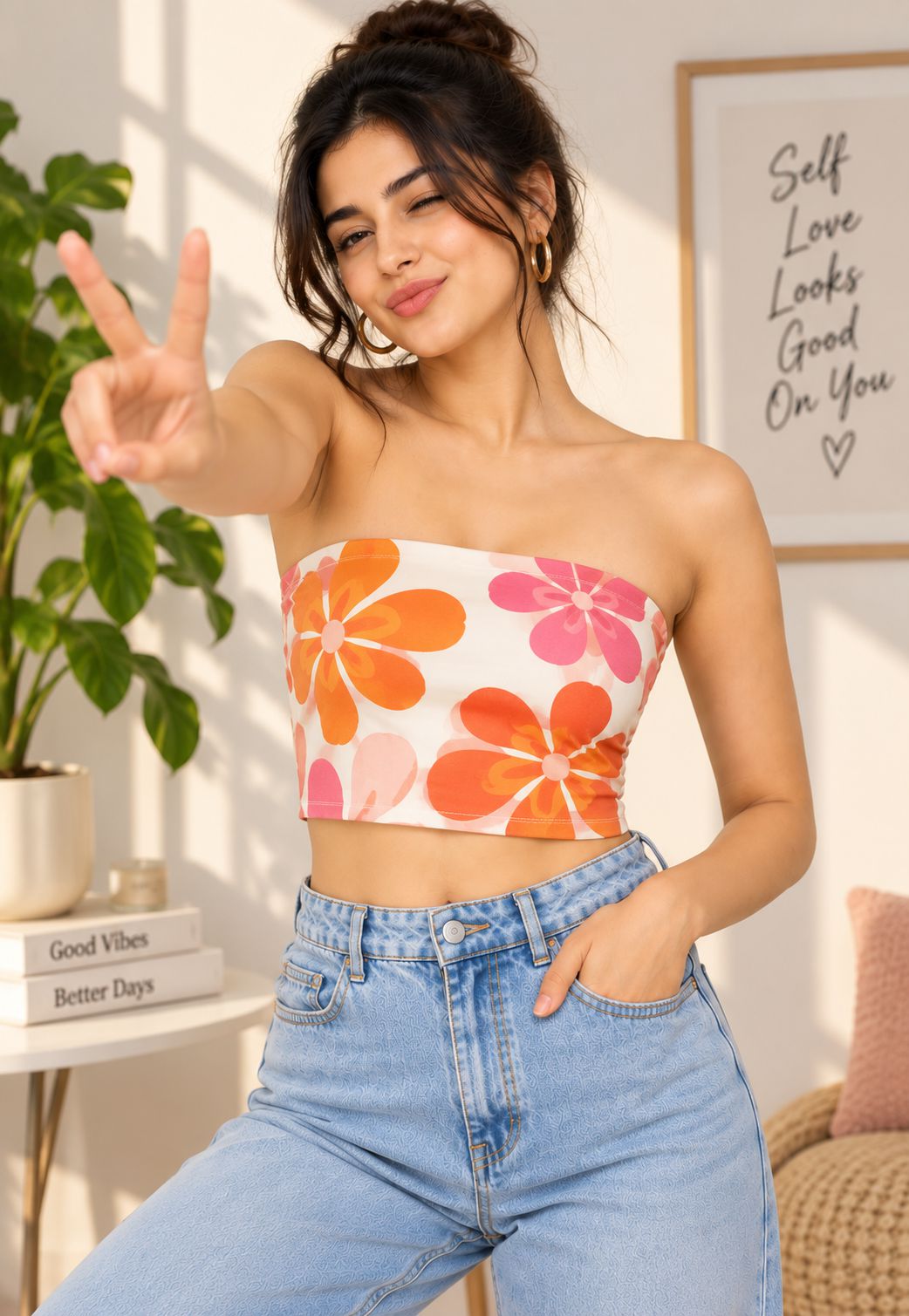 A woman wearing a white strapless tube top with a colorful orange, pink, and yellow floral pattern, paired with light blue jeans, posing in a brightly lit room with a plant and framed wall art.