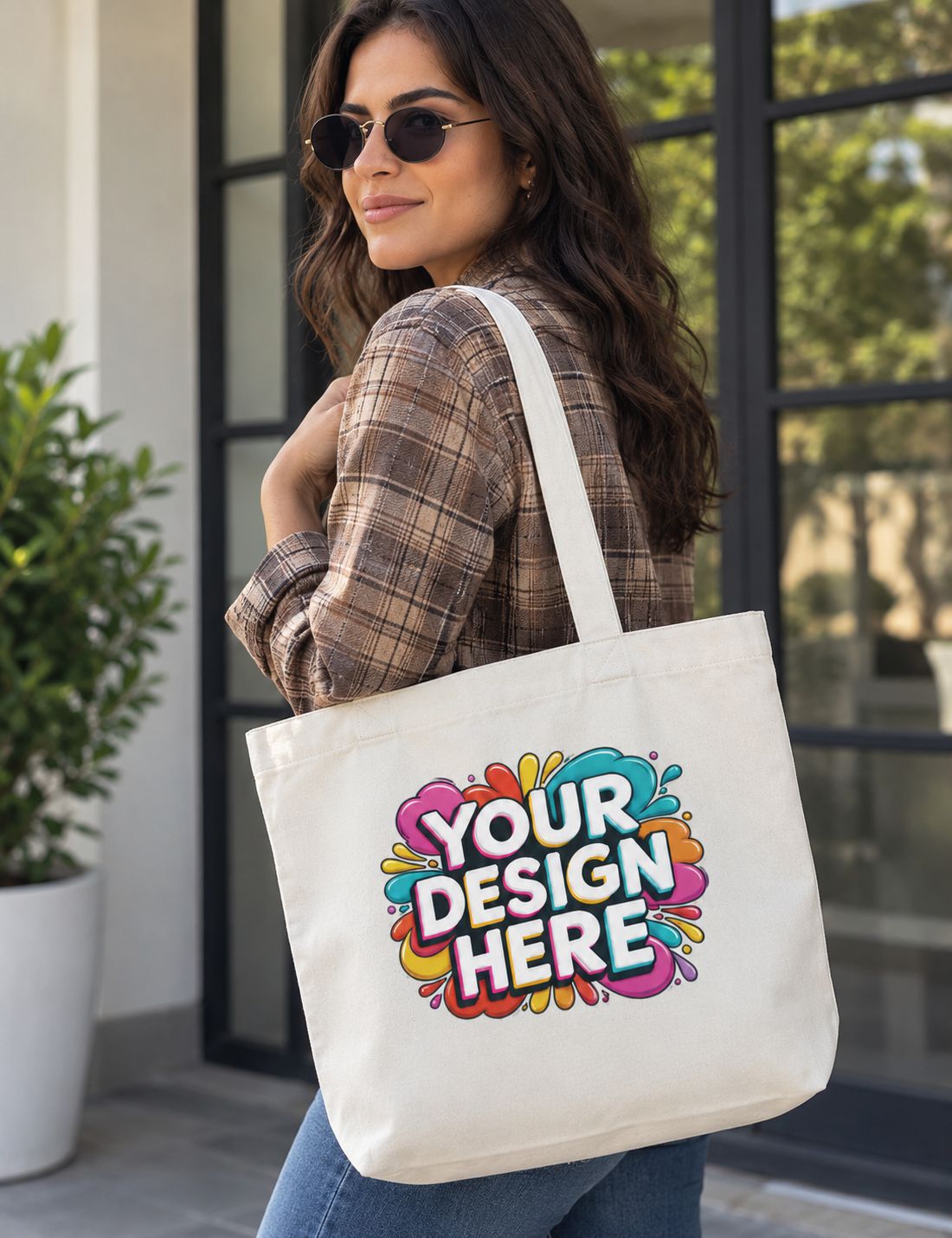 A woman wearing sunglasses and a brown plaid shirt carries a cream canvas tote bag with a colorful 'YOUR DESIGN HERE' graphic print, set against a modern building entrance.