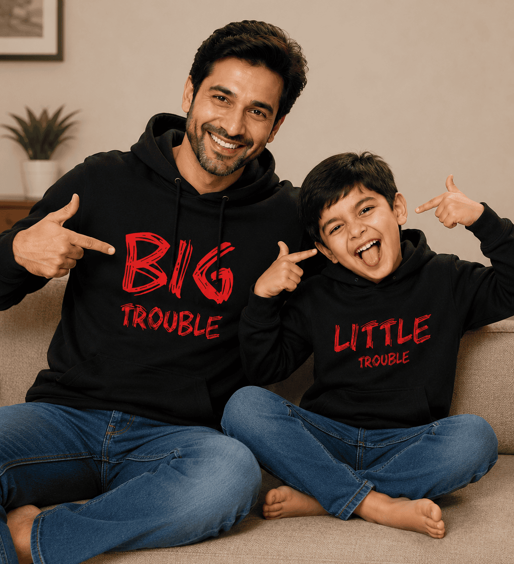 Big Trouble Lil Trouble Father and Son Matching Hoodies- FunkyTeesClub